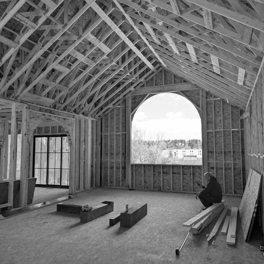 A house under construction, interior view.