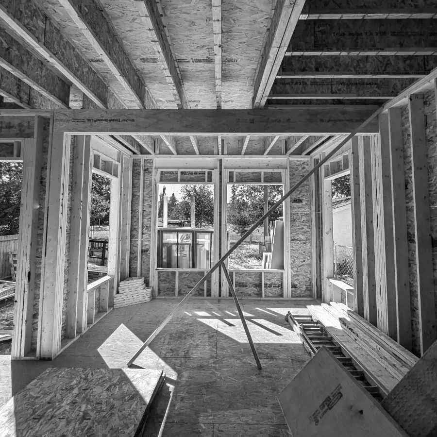 A house under construction, interior view.