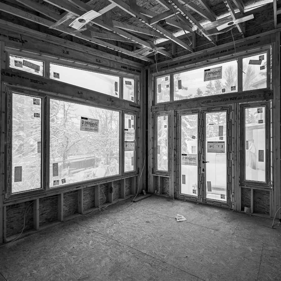 A house under construction, interior view.