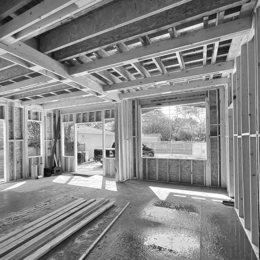 A house under construction, interior view.