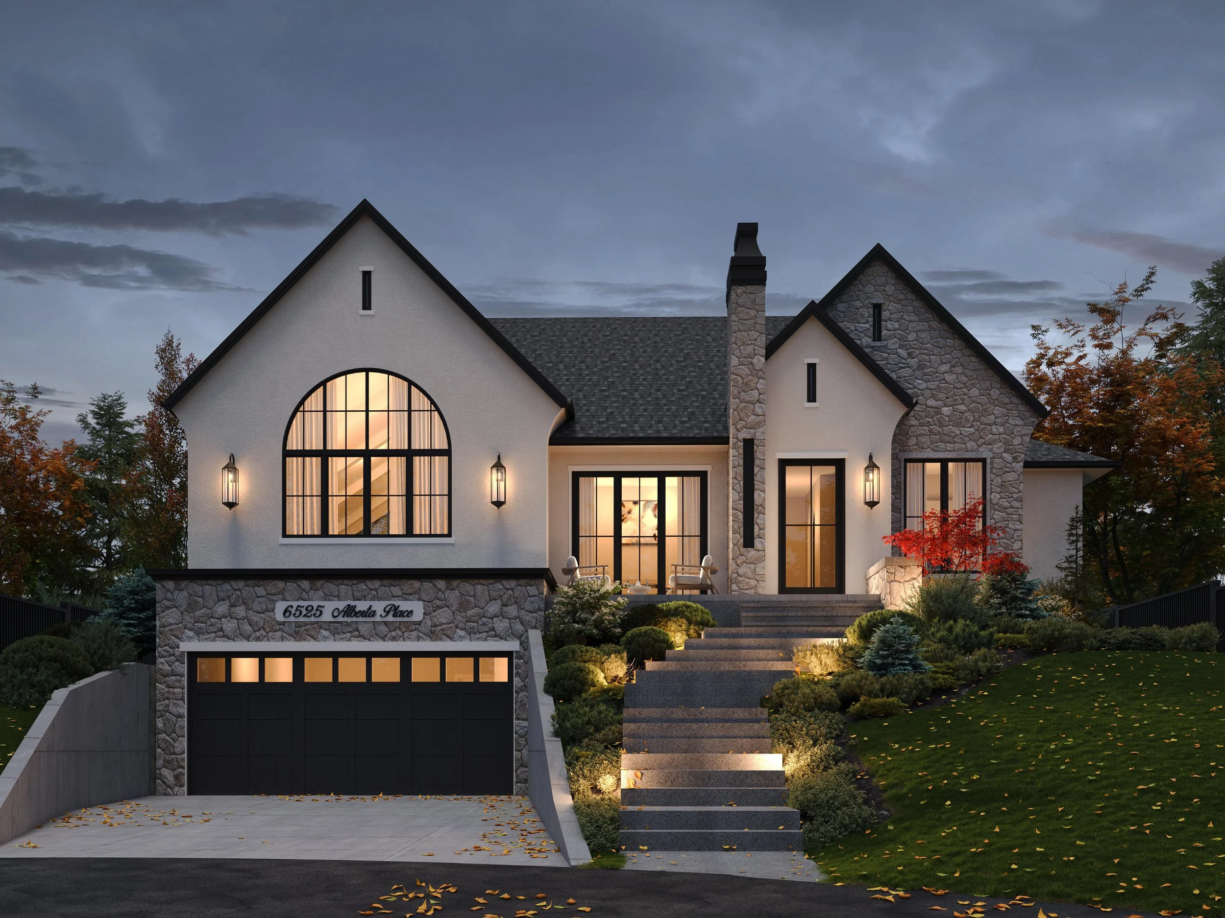 Front rendering of an inner-city infill home in a traditional style with with large arched windows and a gable roof and under-drive garage, surrounded by trees during dusk.