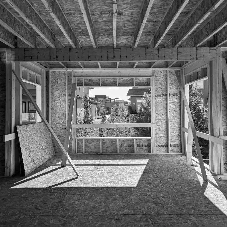 A house under construction, interior view.