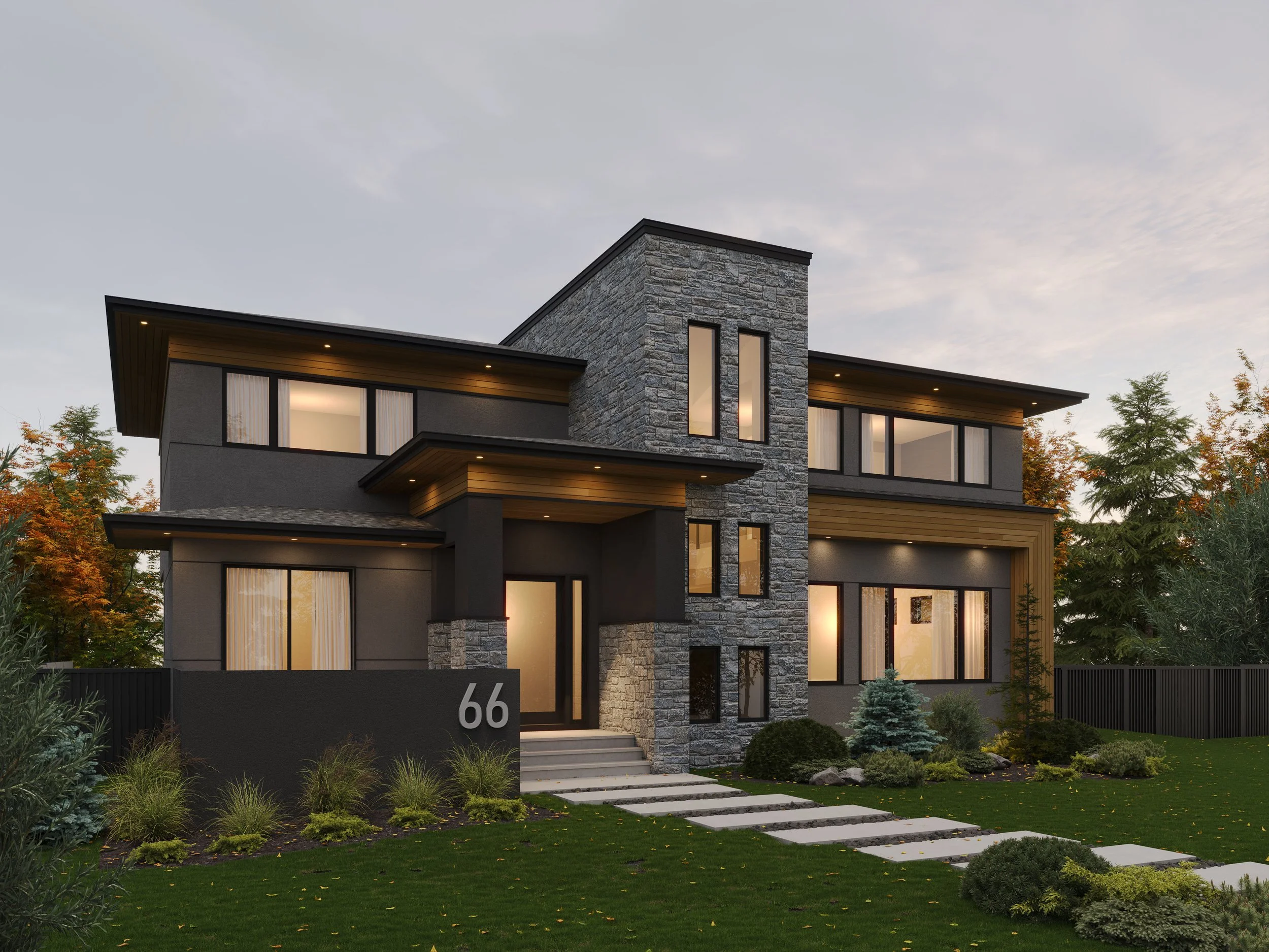 Front rendering of an inner-city infill home in a contemporary style with with a large stone column, low sloped roof, surrounded by trees during dusk.