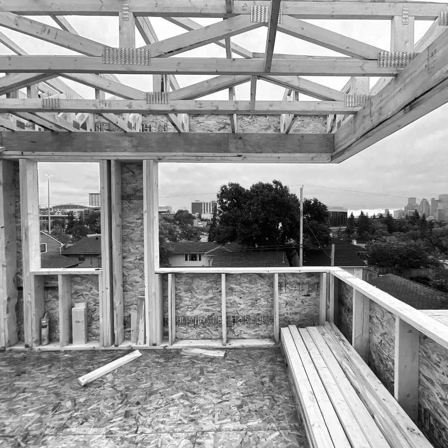 A house under construction, interior view.