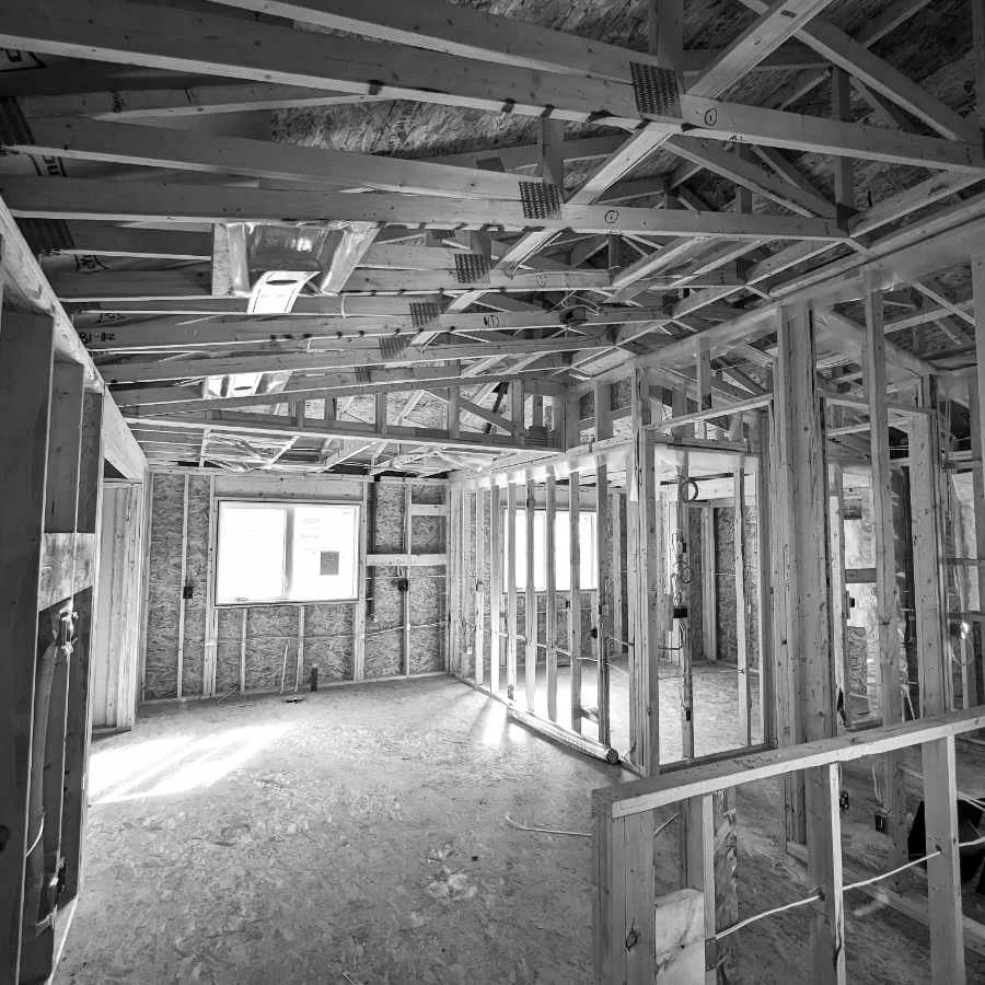 A house under construction, interior view.