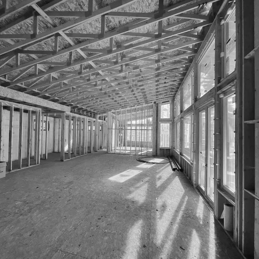A house under construction, interior view.