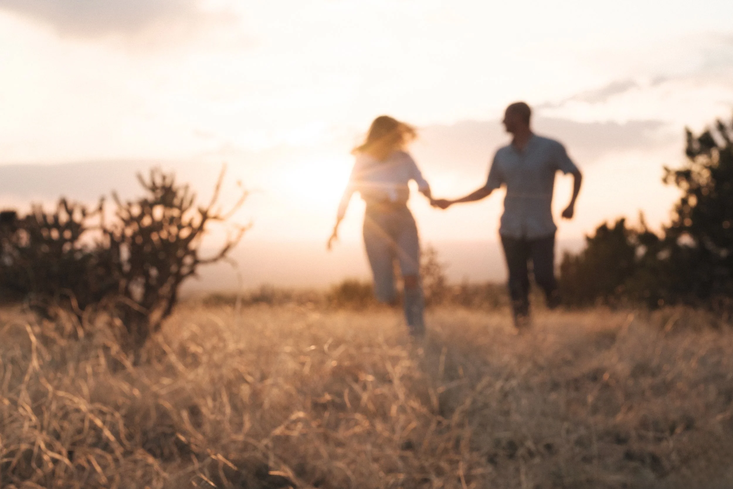 A blurred photo of a couple holding hands and walking outdoors during sunset, with trees and dry grass in the background.
