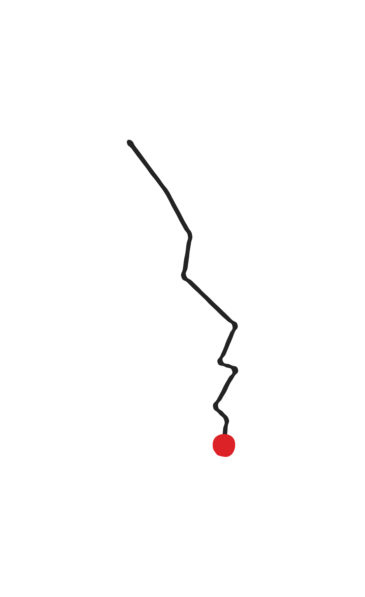 Map of California with a marked route ending at Los Angeles, represented by a red circle.