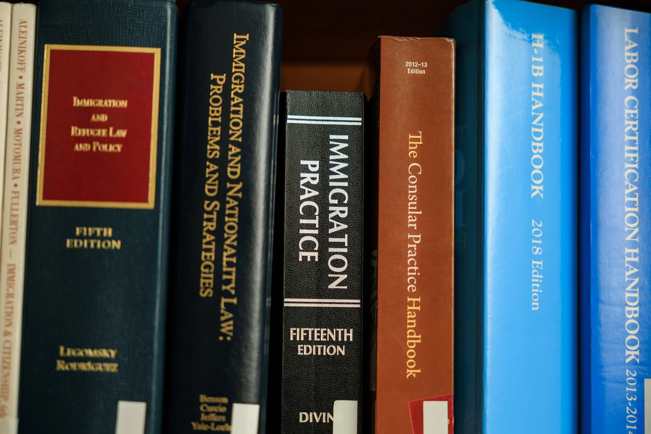 Bookshelves with various law and religious books, including titles like 'Imagination and Nativism', 'The Coming of Age', and 'Habsburg Law', arranged vertically.