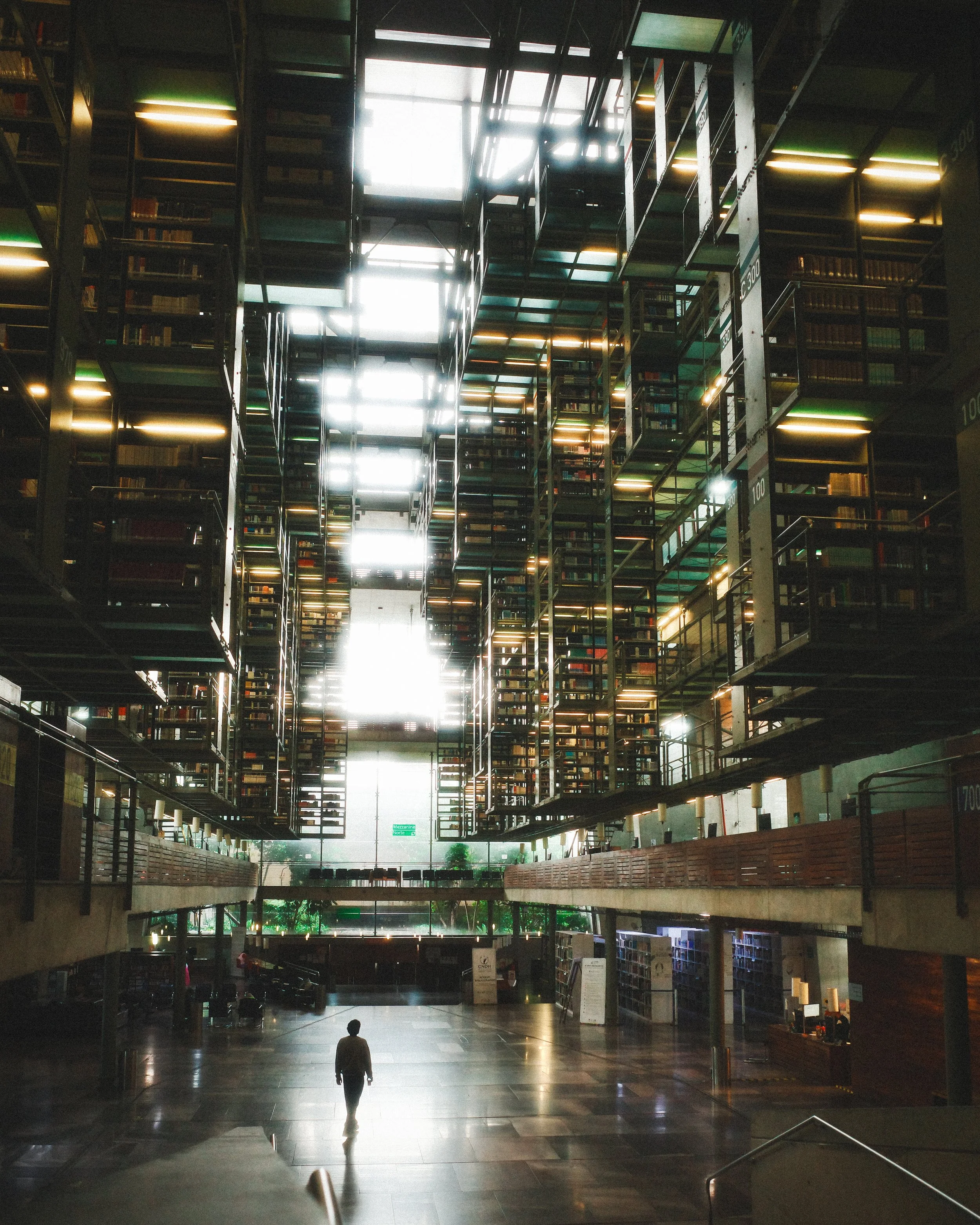 Interior view of a modern multi-level library with multiple bookshelves and a mezzanine, natural light streaming through large windows at the far end, with a person walking in the open space.
