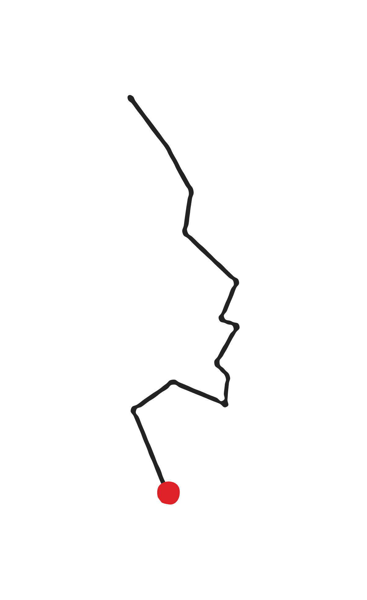 Map of California with a marked route highlighted in black, ending at a red dot.
