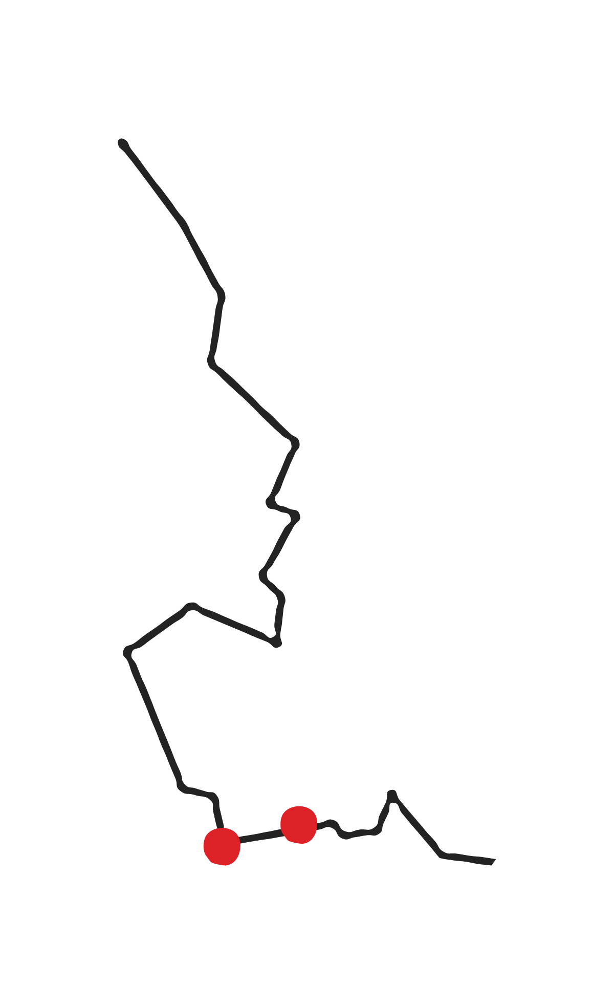 Map of California with three red dots marking locations in the southern part of the state.