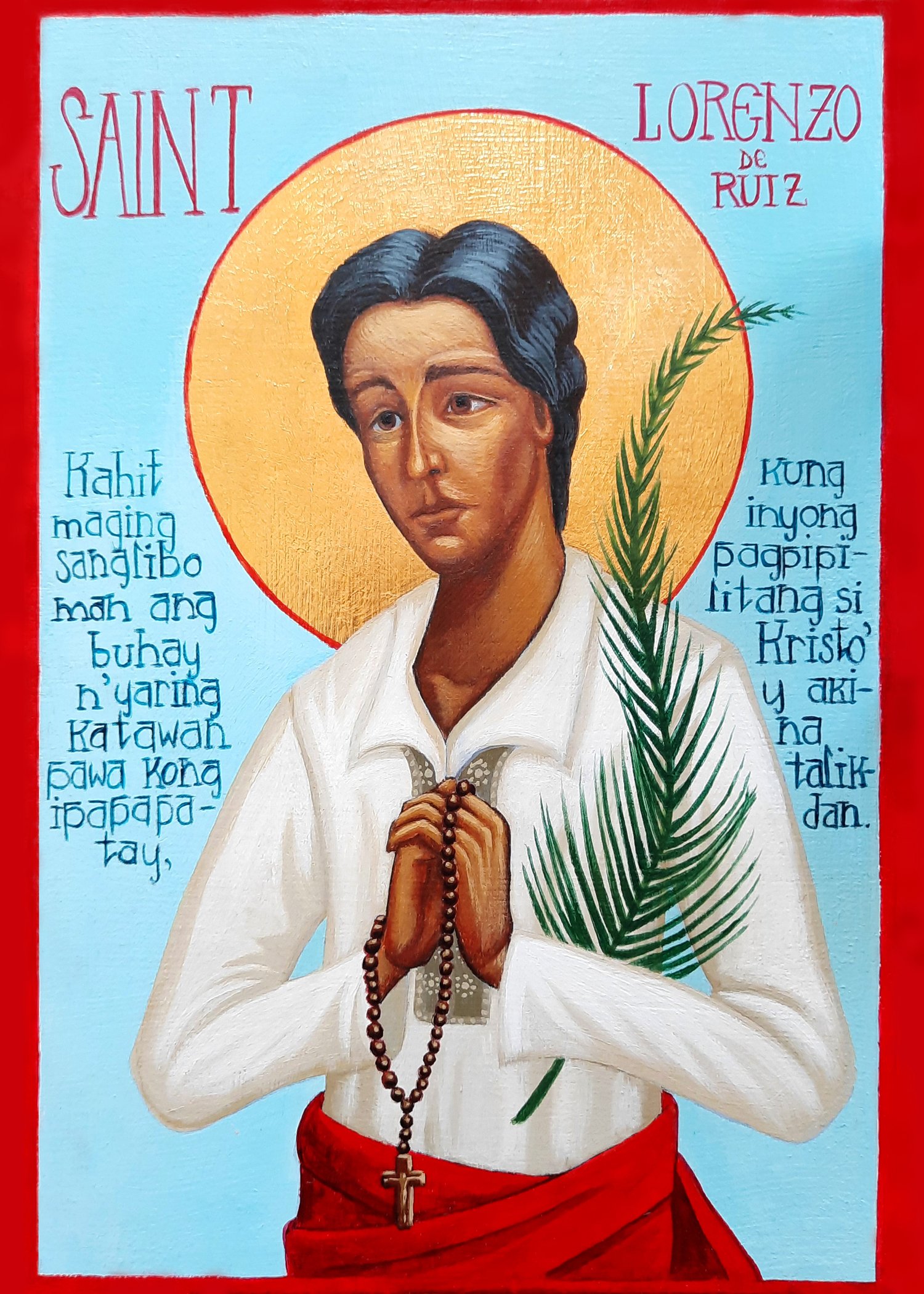 St. Lorenzo de Ruiz.
5.5 x 8 x 0.25 inches, acrylic paint and gold leaf on wood panel, 2021. Privately commissioned icon.
