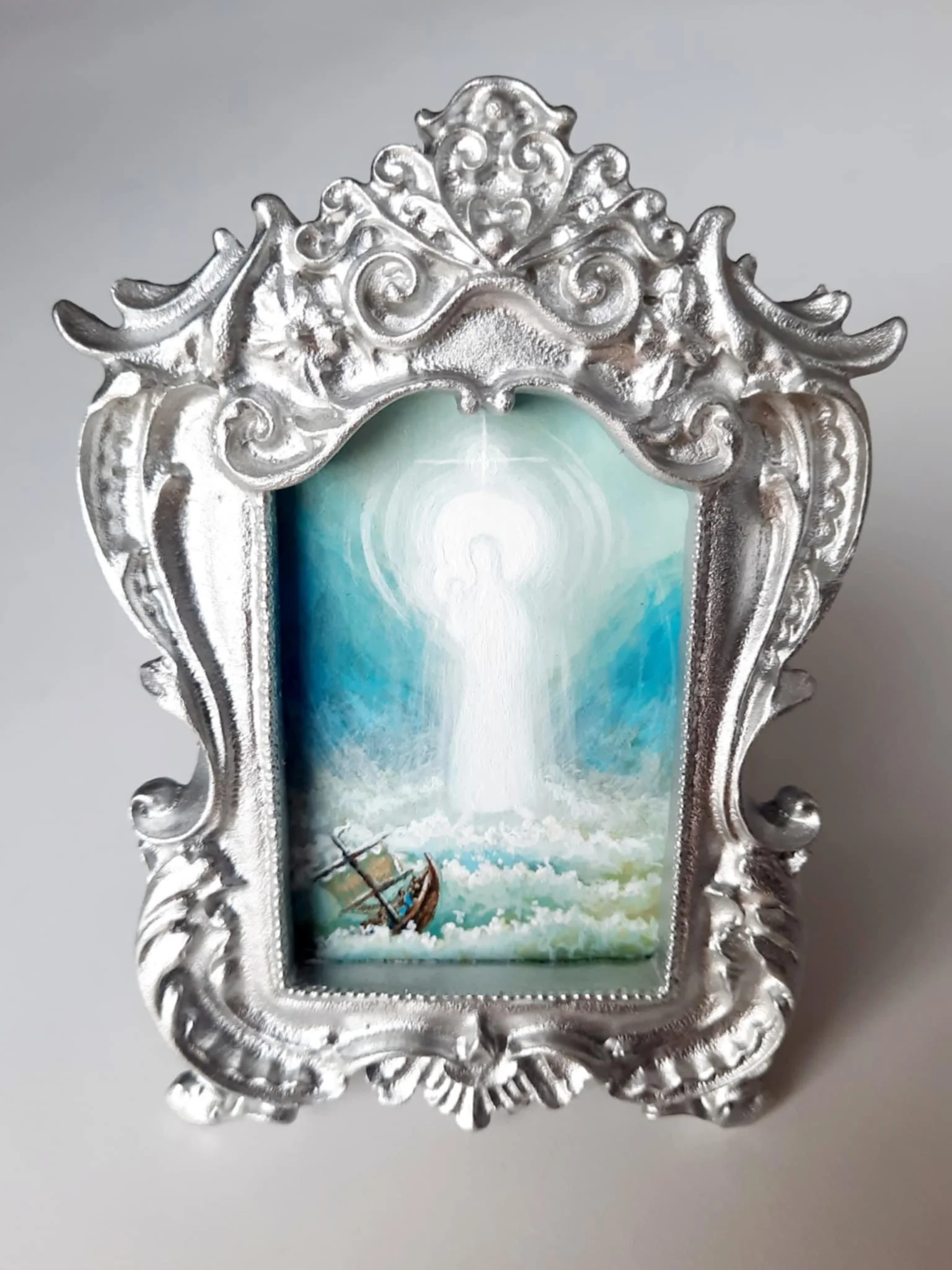 Our Lady of the Star of the Sea (Stella Maris).
1.8 x 2.8 inches (without the frame), acrylic paint on watercolor paper, 2026. Sold.
