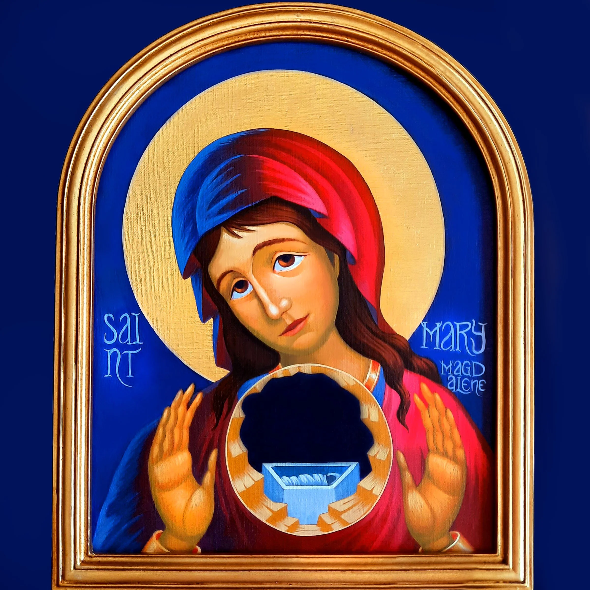 St. Mary Magdalene.
8 x 10 inches (without the frame in a rounded arch format), acrylic paint and 23 carat gold leaf on canvas paper, 2025. Available.
