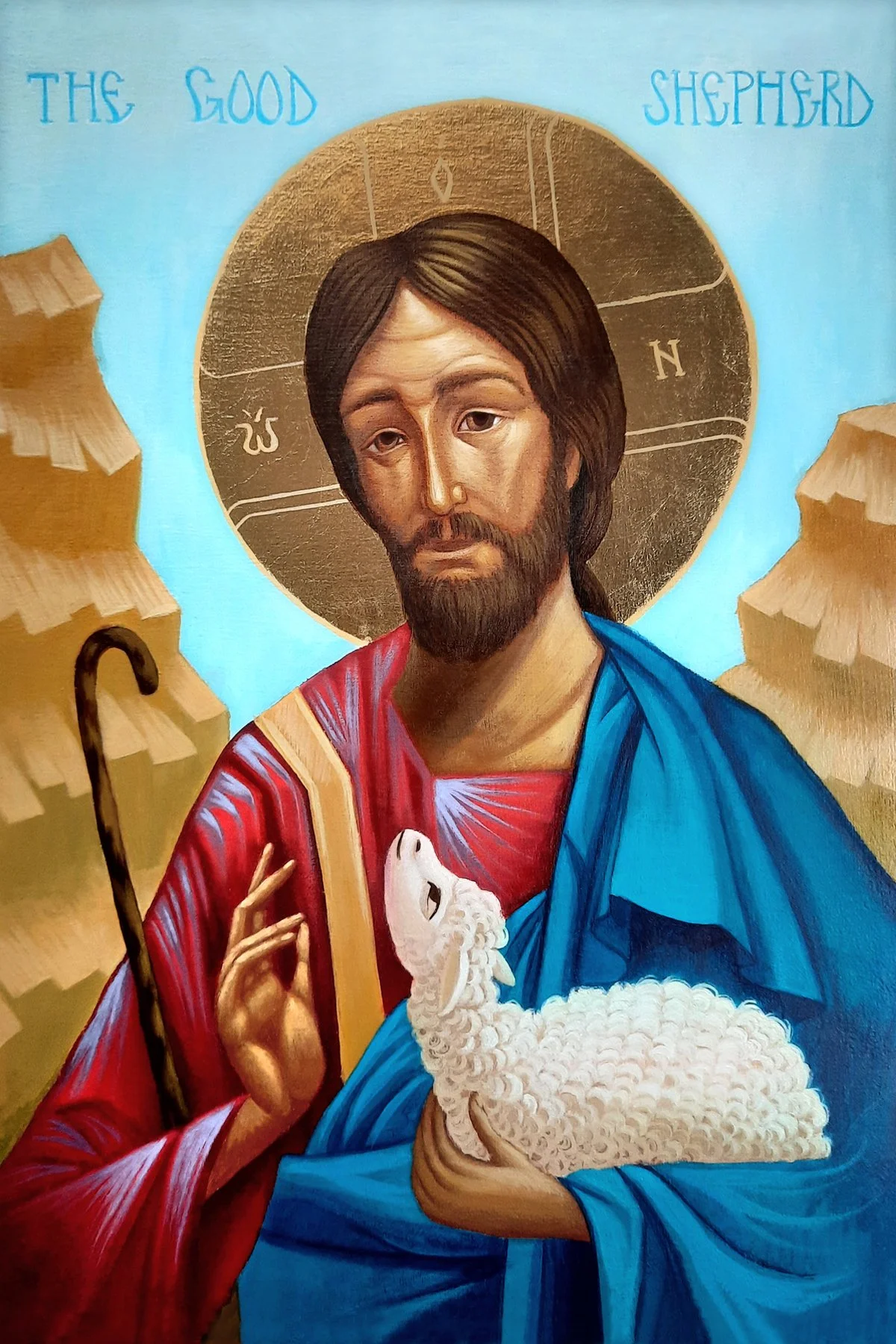 Christ the Good Shepherd.
8 x 11.5 x 0.75 inches (20 x 29 x 2cm), acrylic paint and golden metal leaf on wood panel, 2021. Privately commissioned icon. 
