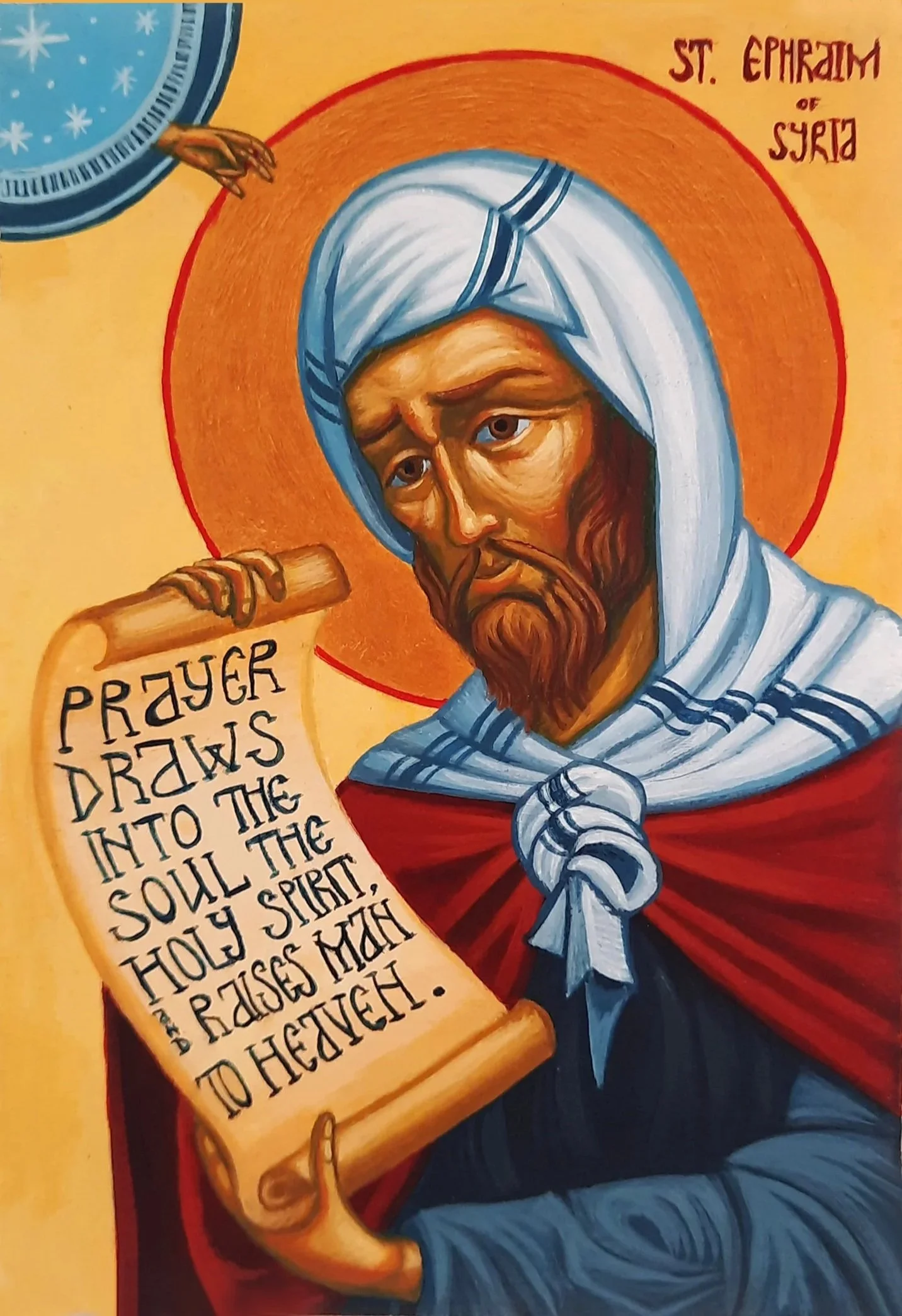Saint Ephraim the Syrian.
6 x 9 x 0.75 inches (15 x 23 x 2cm), acrylic paint on wood panel, 2020 and 2021 (two identical versions). Both were privately commissioned icons.