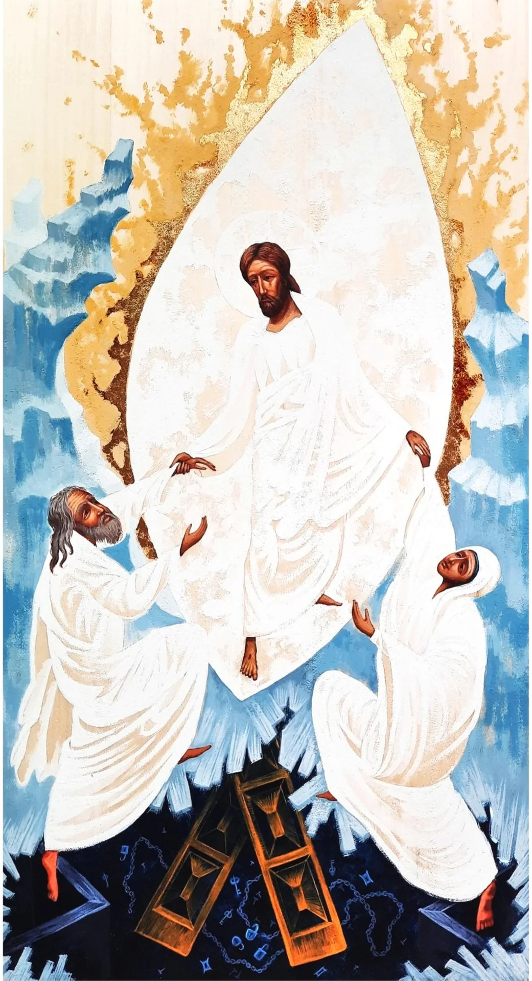 Harrowing of Hell Icon (Resurrection Icon).
11.25 x 20.75 x 0.75 inches (28.5 x 52.5 x 2cm), acrylic paint and golden metal leaf on wood panel, 2021. Available.