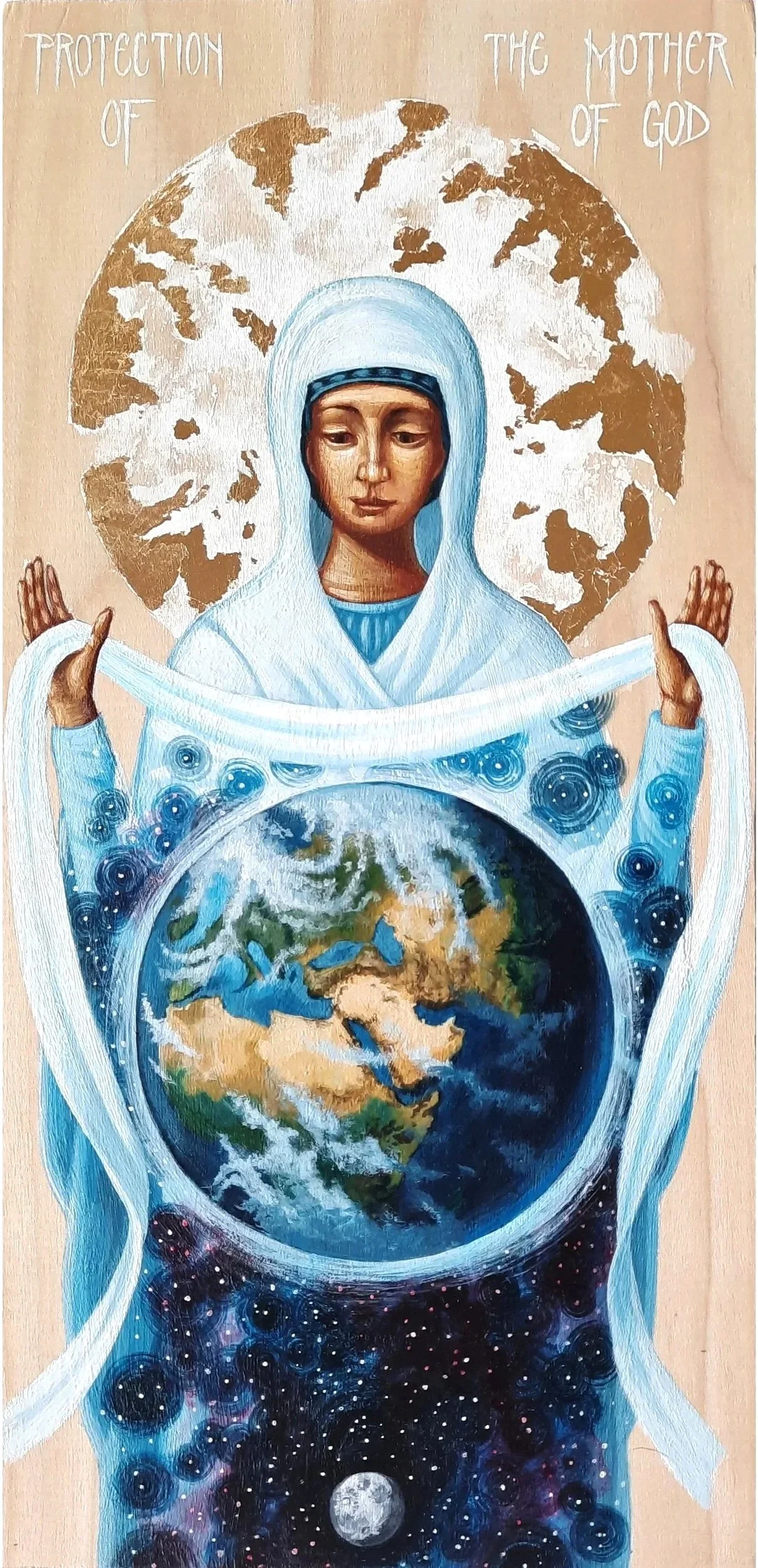 Protection of the Mother of God.
11.5 x 5.5 x 0.75 inches (29 x 14 x 2cm), acrylic paint and golden metal leaf on wood panel, 2021. Available.