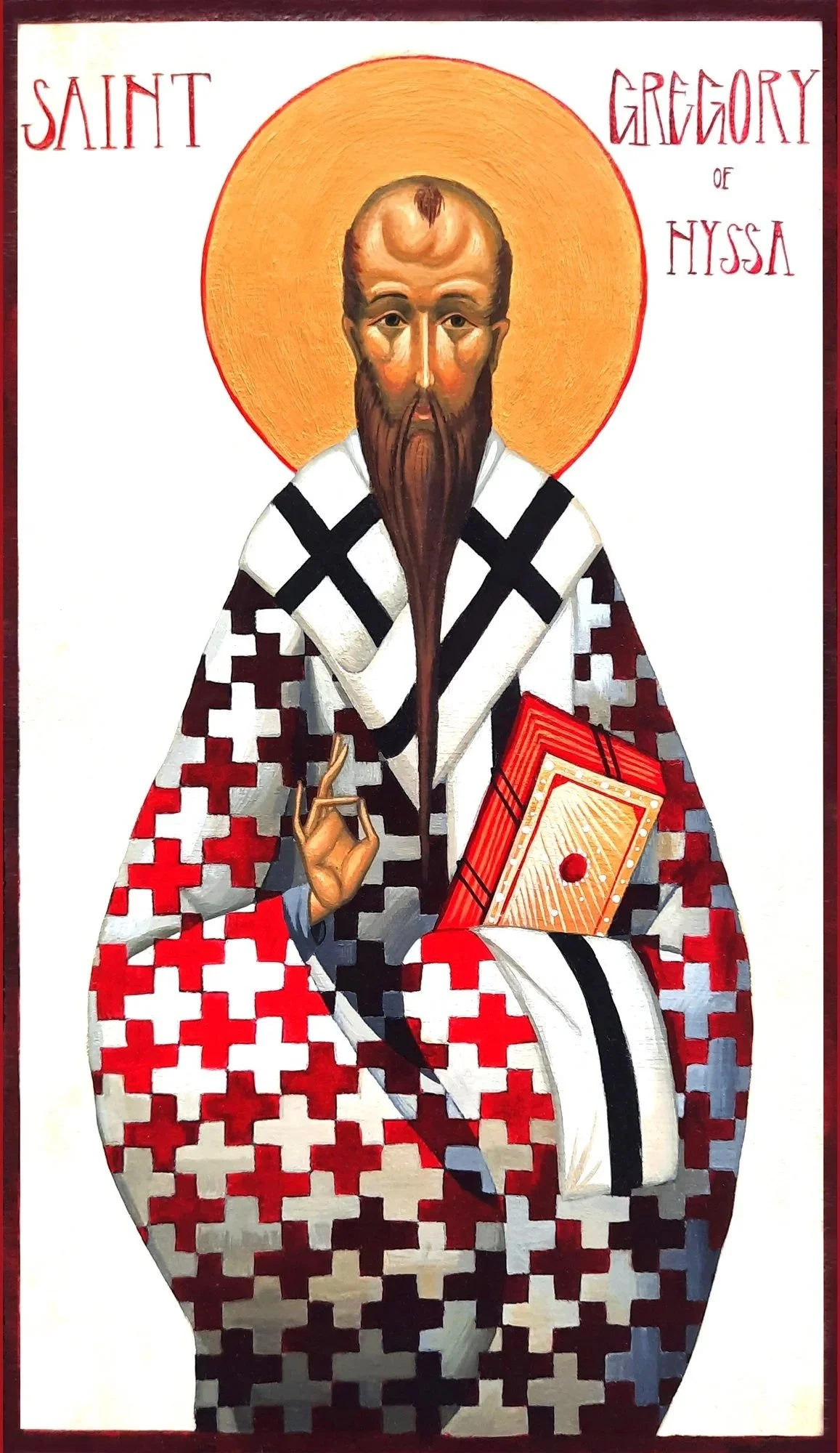 Saint Gregory of Nyssa.
6.5 x 11.25 x 0.75 inches (16.5 x 28.5 x 2cm), acrylic paint on wood panel, 2021. Sold.