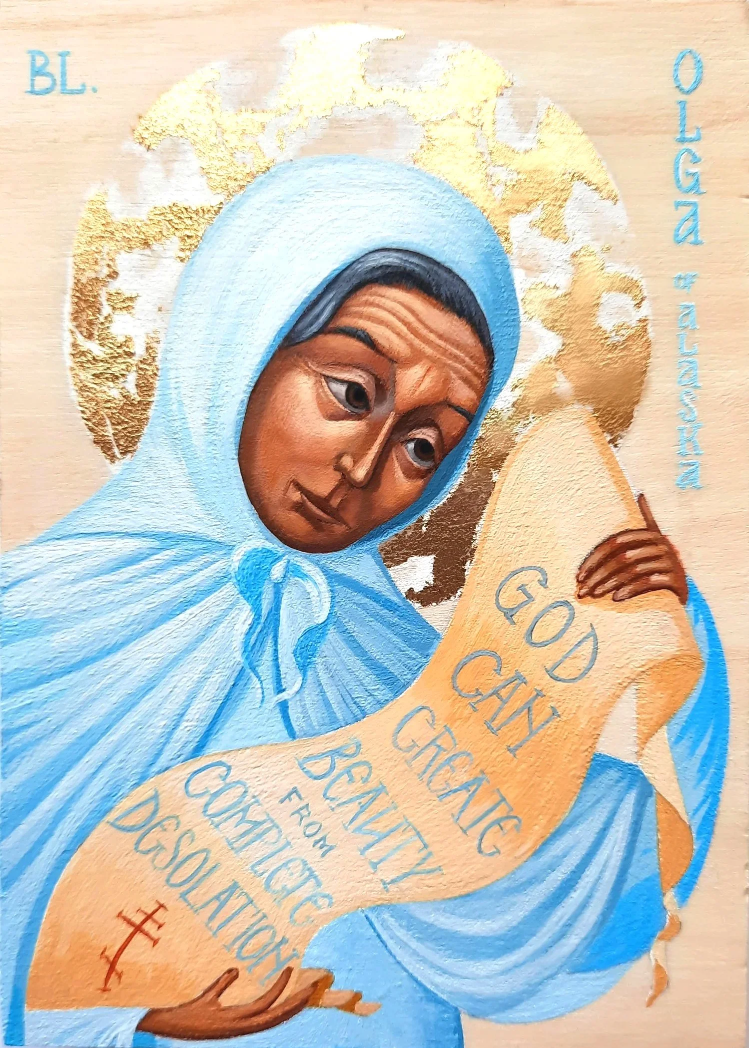 Saint Olga Michael of Alaska.
4 x 5.5 x 0.75 inches (10 x 14 x 2cm), acrylic paint and golden metal leaf on wood panel, 2022. Sold.