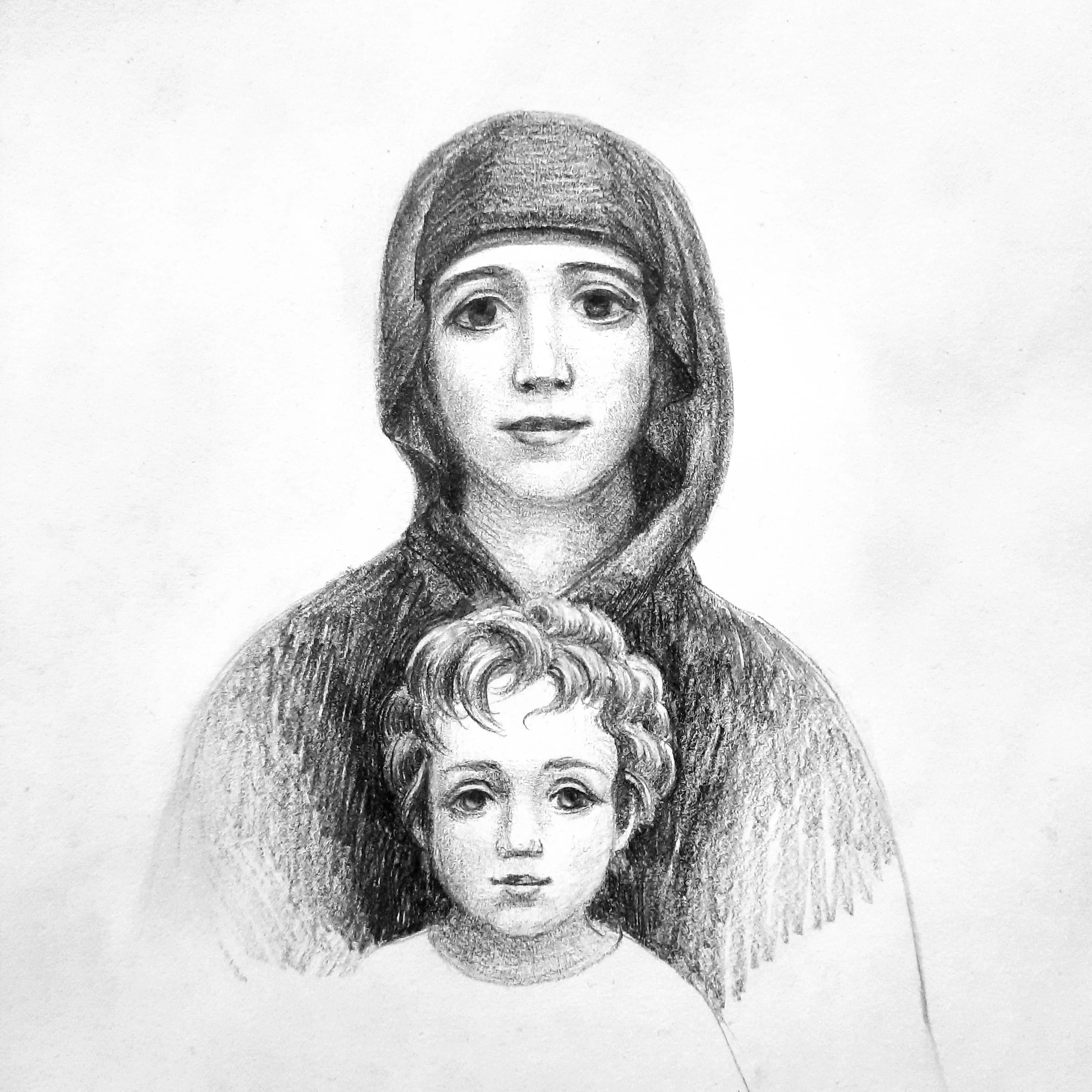 The Theotokos and Christ Child Study Drawing.
6.5 x 6.5 inches, graphite on paper, 2025. Original not for sale.