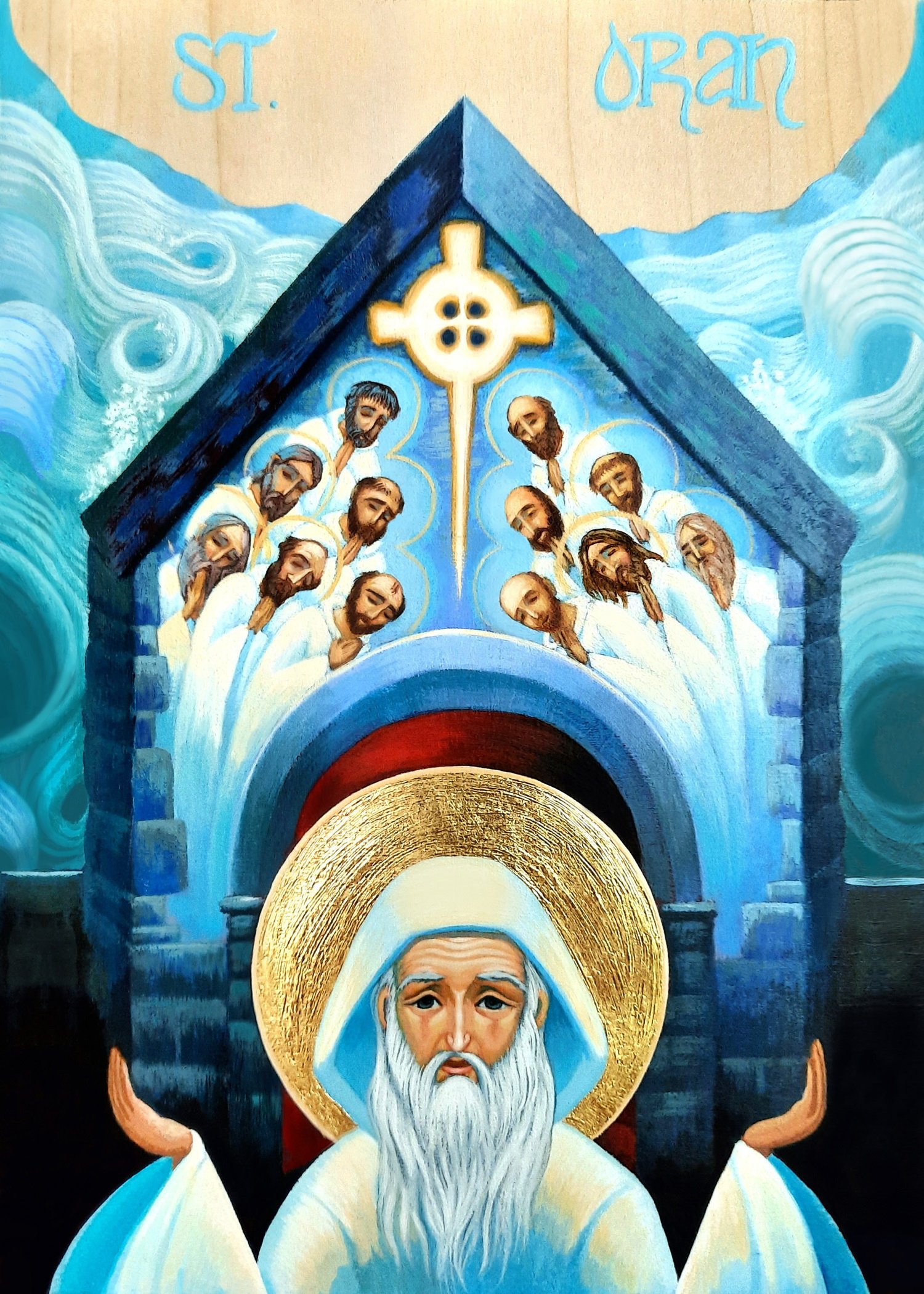 St. Oran of Iona and His 12 Companions.
8.5 x 5.5 x 0.75 inches (14 x 21.5 x 2cm), acrylic paint and 23 carat gold leaf on a wood panel, 2024. Privately commissioned icon.
