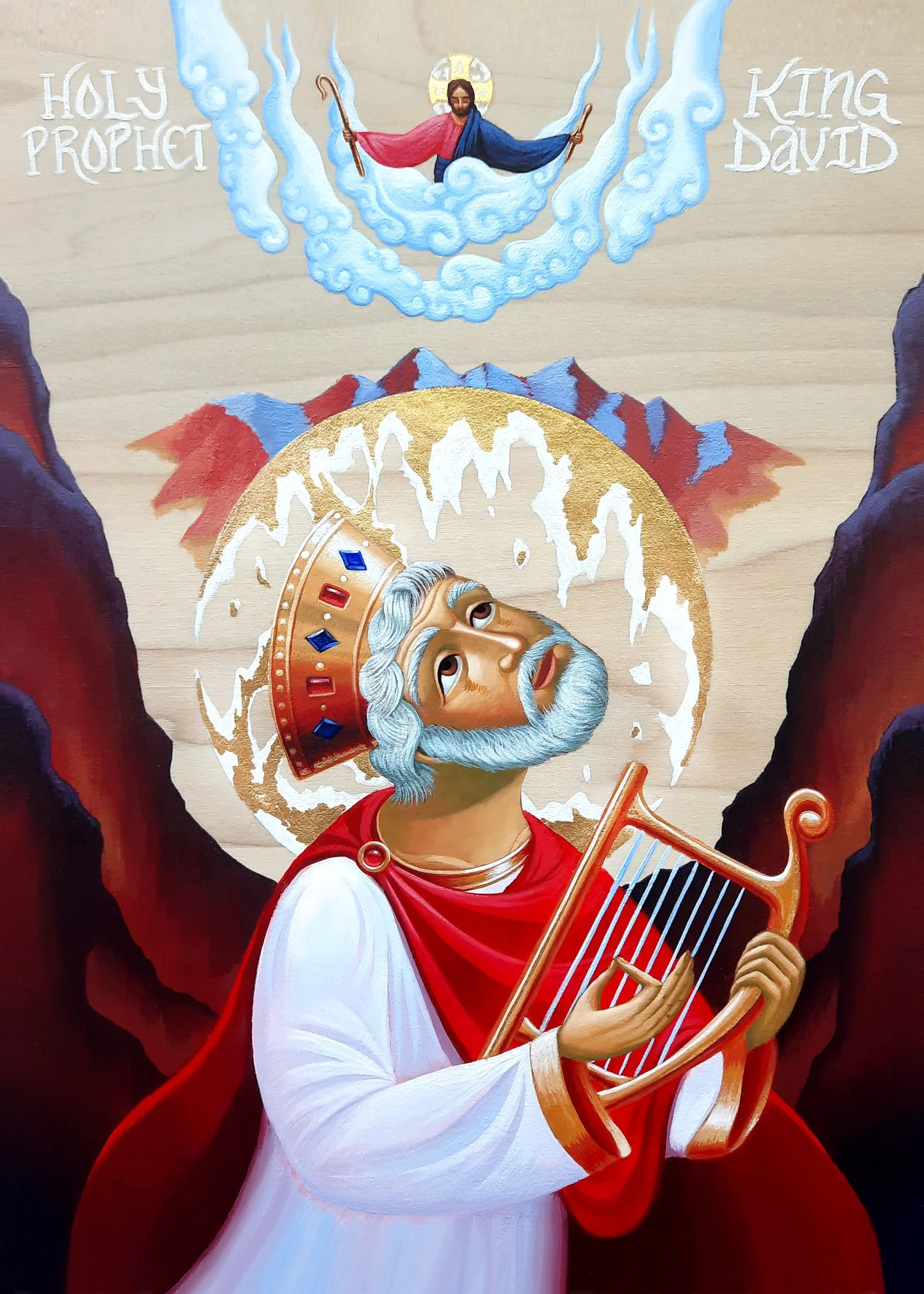 Holy Prophet King David in the Valley of the Shadow of Death (Psalm 23).
8.5 x 11.25 x 0.75 inches, acrylic paint and 23 carat gold leaf on wooden panel, 2025. Privately commissioned icon.