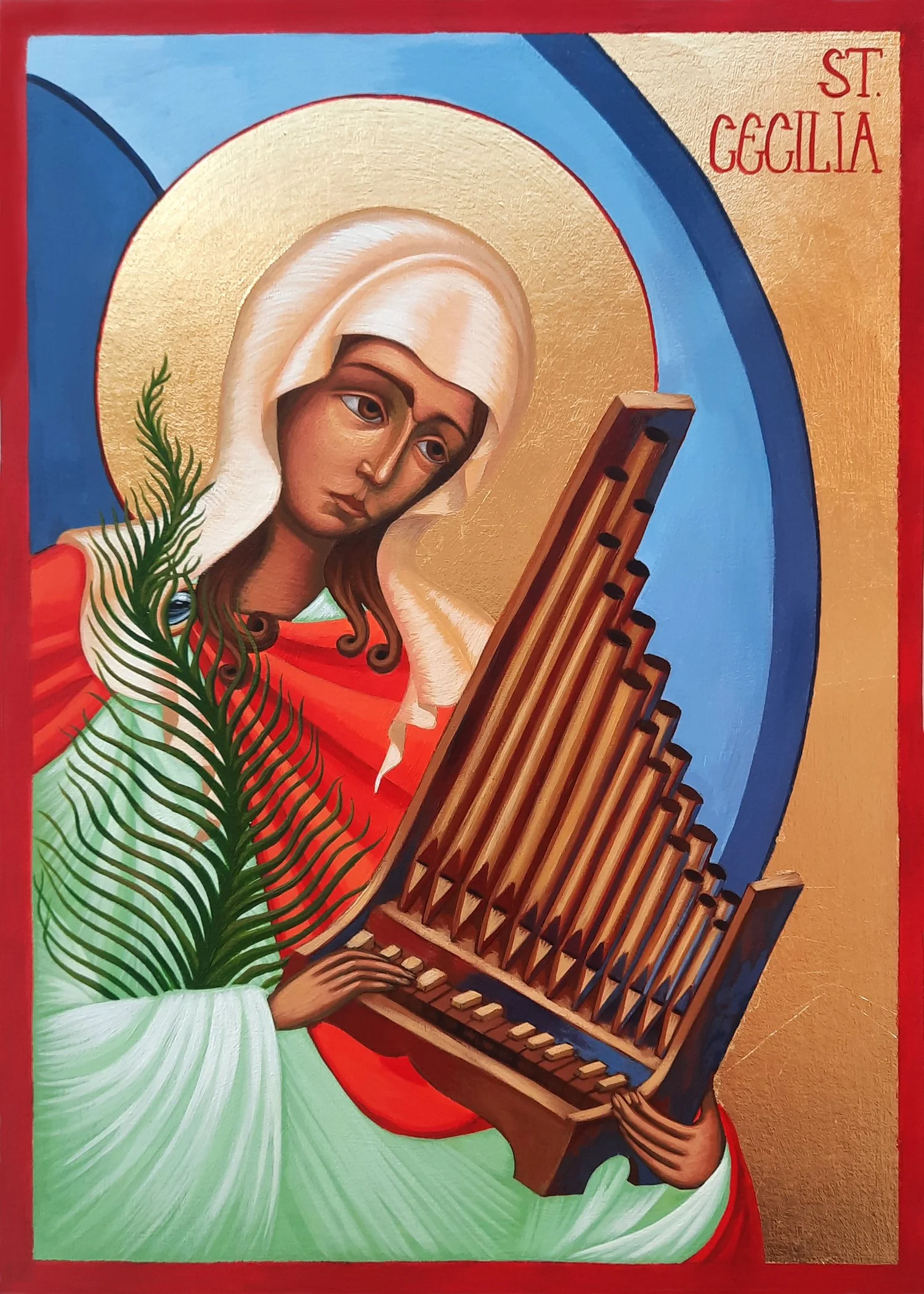 Saint Cecilia with a Portative Organ - Patron Saint of Music.
8.25 x 11.25 x 0.75 inches (21 x 28.5 x 2cm), acrylic paint and golden metal leaf on wood panel, 2022. Privately commissioned icon.