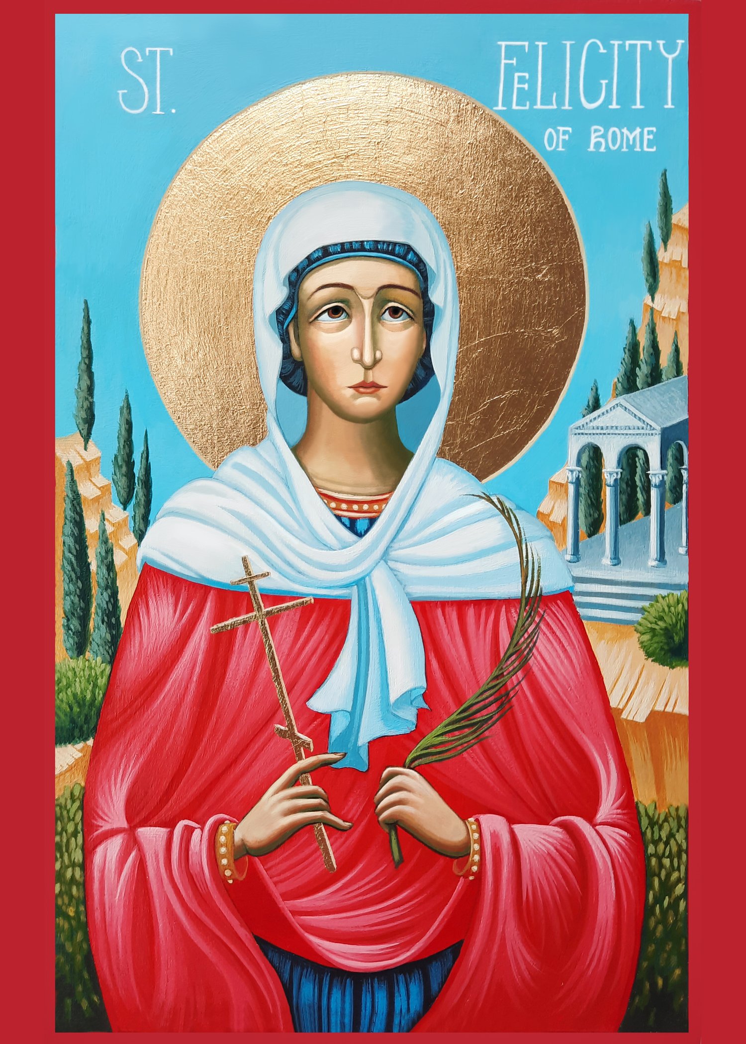 Saint Felicity (Felicitas) of Rome.
5.5 x 8.5 x 0.75 inches (14 x 21.5 x 2cm), acrylic paint and golden metal leaf on wood panel, 2022. Privately commissioned icon. 