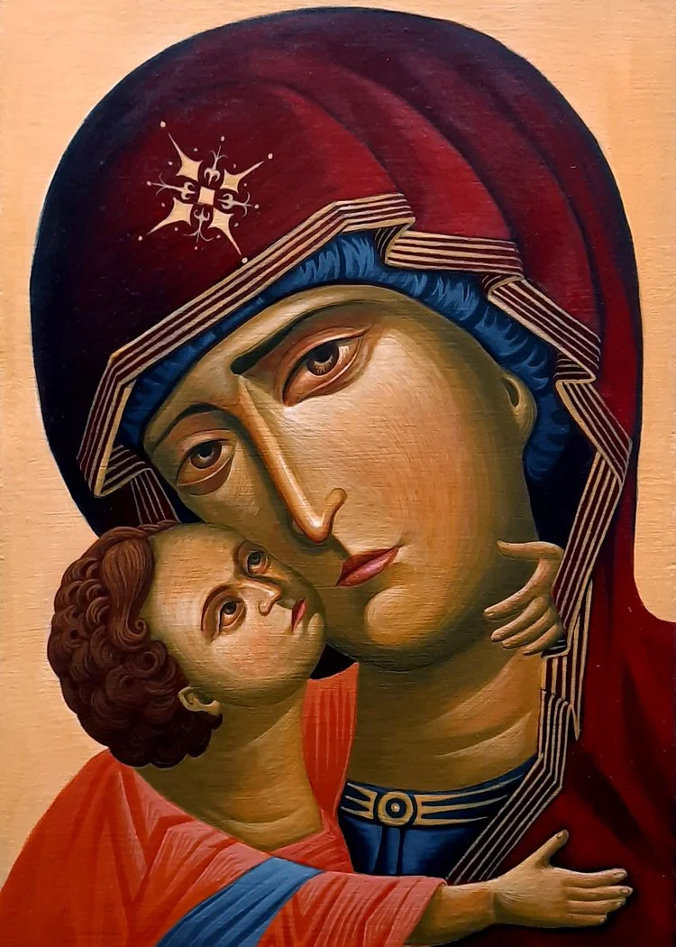 Saint Vladimir Icon of the Mother of God.
9 x 14 x 0.25 inches (23 x 35.5 x 0.6 cm), acrylic paint on wood panel, 2020. Available.