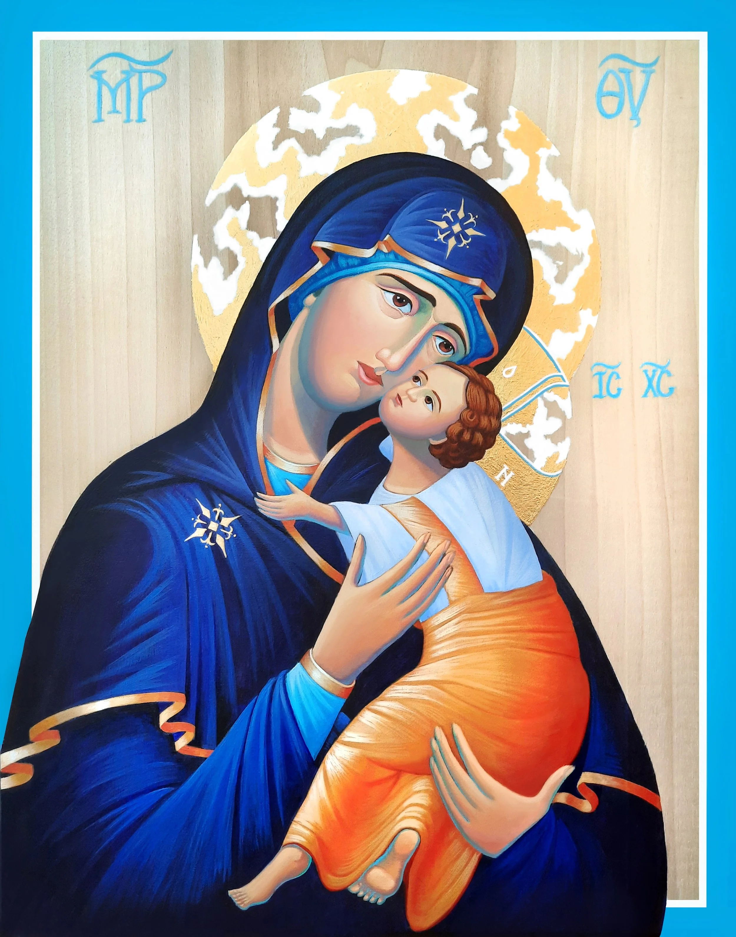 The Virgin of Tenderness.
11.25 x 14.25 x 0.75 inches (28.6 x 36.2 x 2 cm), acrylic paint and 23 carat gold leaf on a wood panel, 2024. Available.
