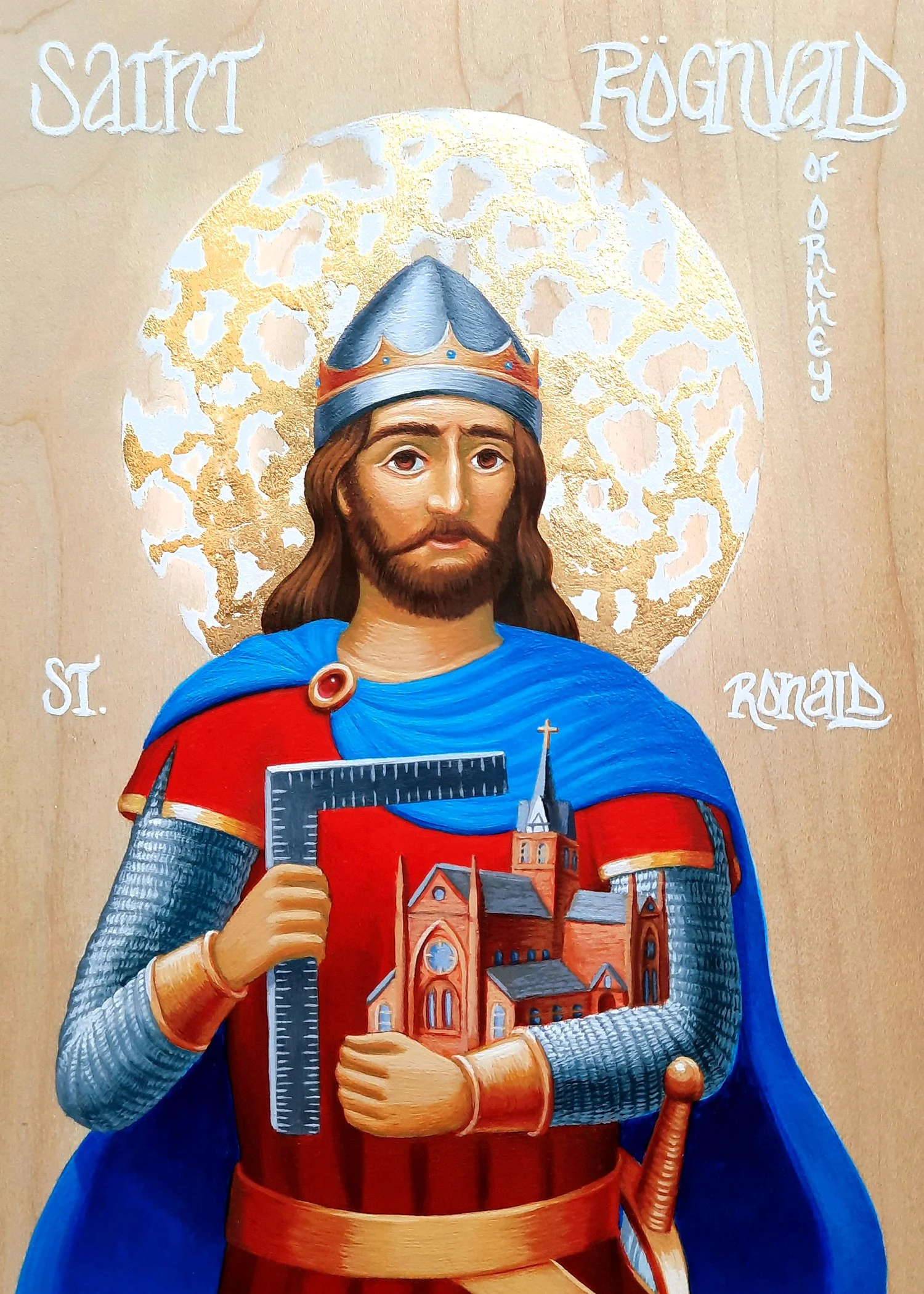 St. Rögnvald (Ronald) of Orkney. 5.5 x 8 x 0.75 inches, acrylic paint and 23 carat gold leaf on wood panel, 2025. Privately commissioned icon.