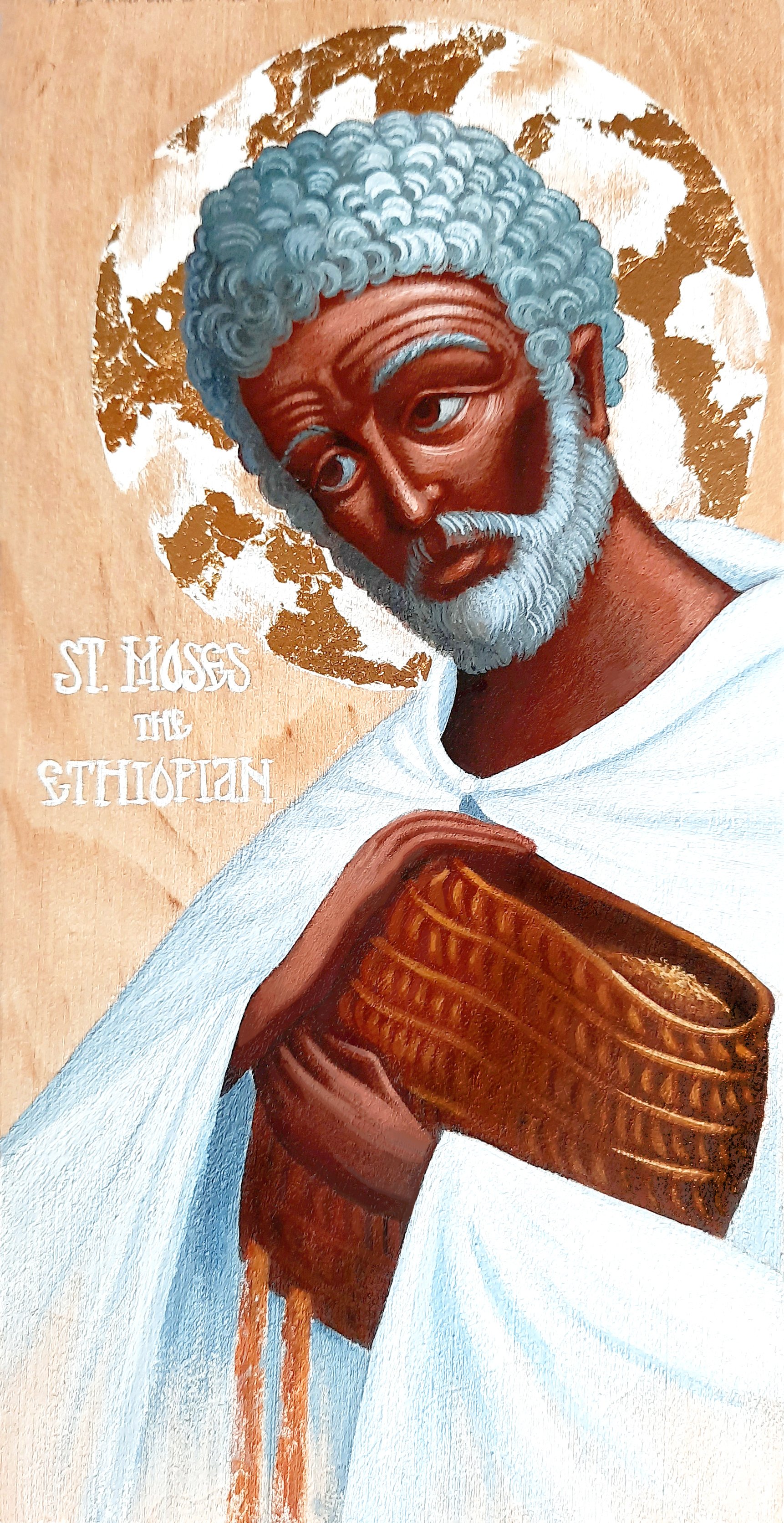 Saint Moses the Ethiopian.
4 x 8 x 0.25 inches (10 x 20.3 x 0.6cm), acrylic paint and golden metal leaf on wood panel, 2021. Sold. 