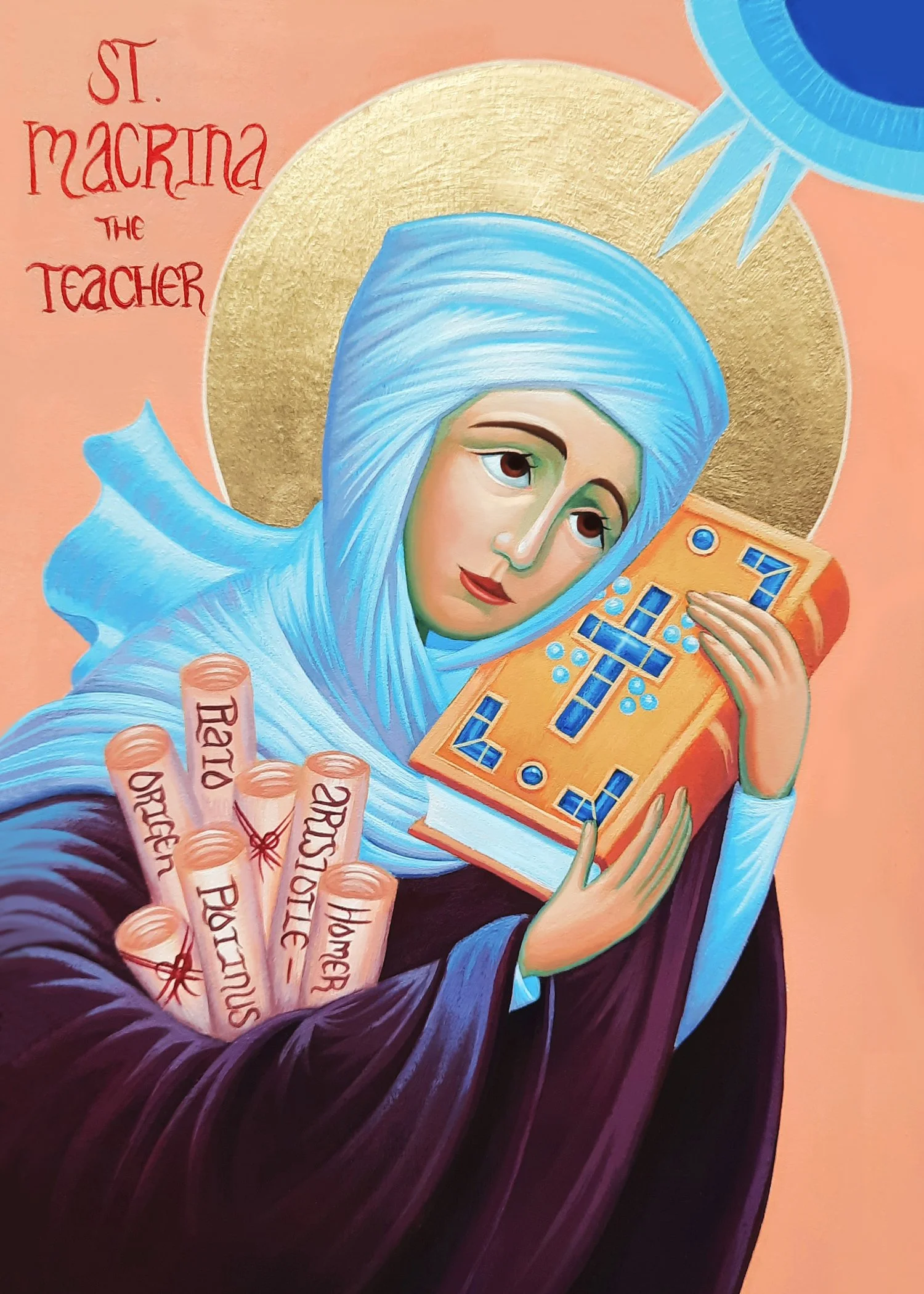 St. Macrina the Teacher (and Younger).
5.5 x 8.5 x 0.75 inches, acrylic paint and 23 carat gold leaf on a wooden panel, 2024. Privately commissioned icon.
