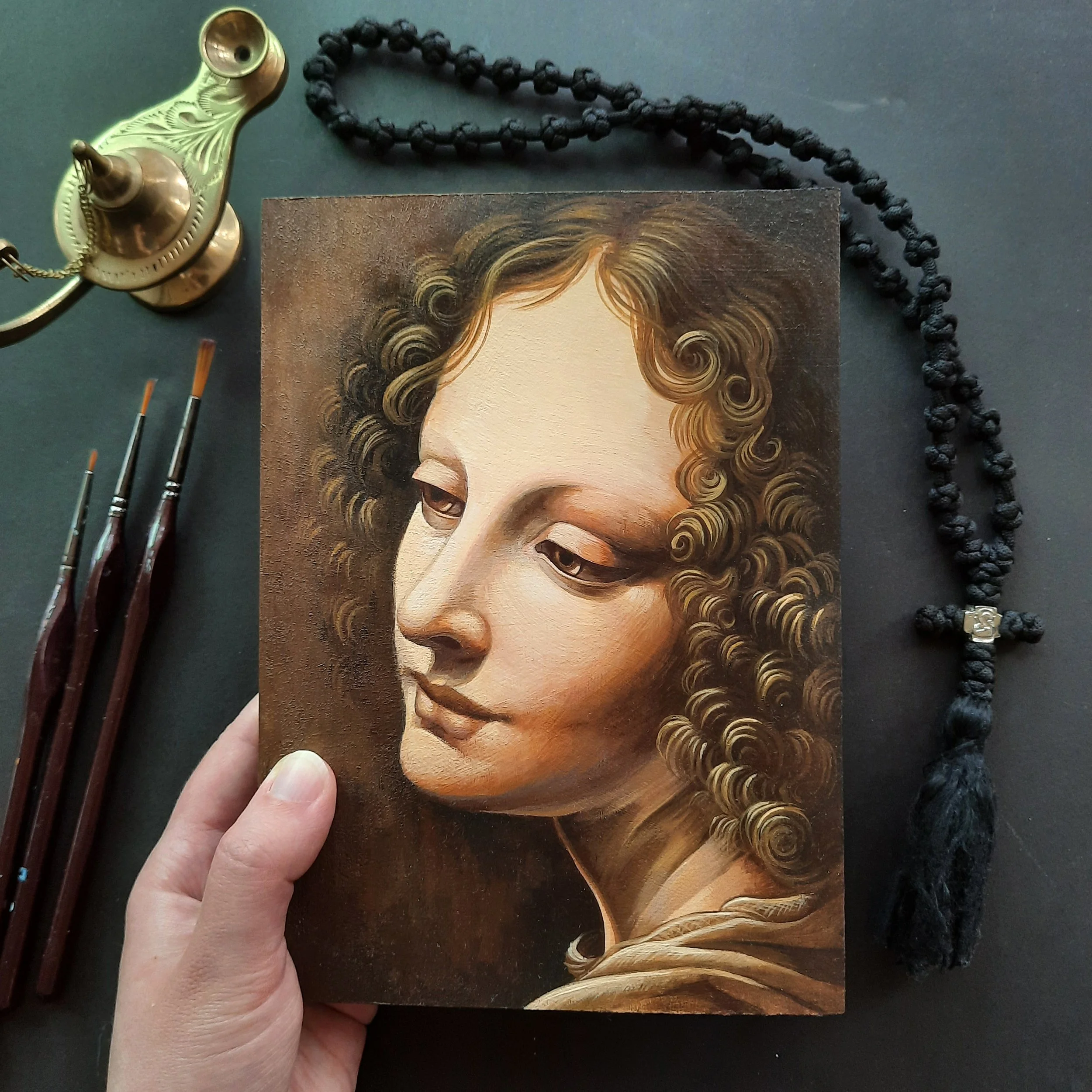 Master Study of a Detail of an Angel from Leonardo da Vinci's "Virgin of the Rocks." 5.5 x 7.5 x 0.75 inches, acrylic paint on wood panel, 2021. Sold.