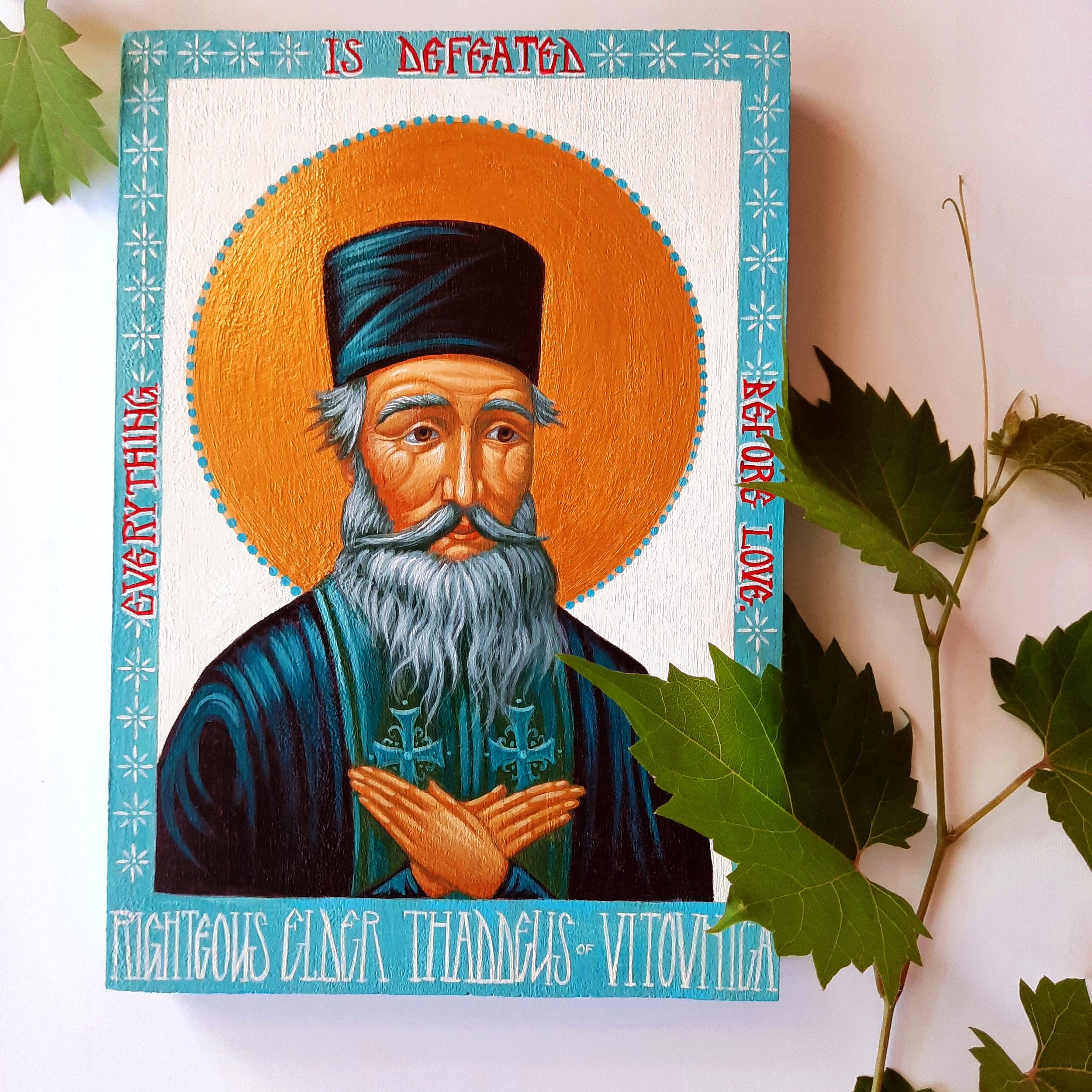 Righteous Elder Thaddeus of Vitovnica.
5.5 x 8 x 0.75 inches (14 x 20 x 2cm), acrylic paint on wood panel, 2021. Sold.