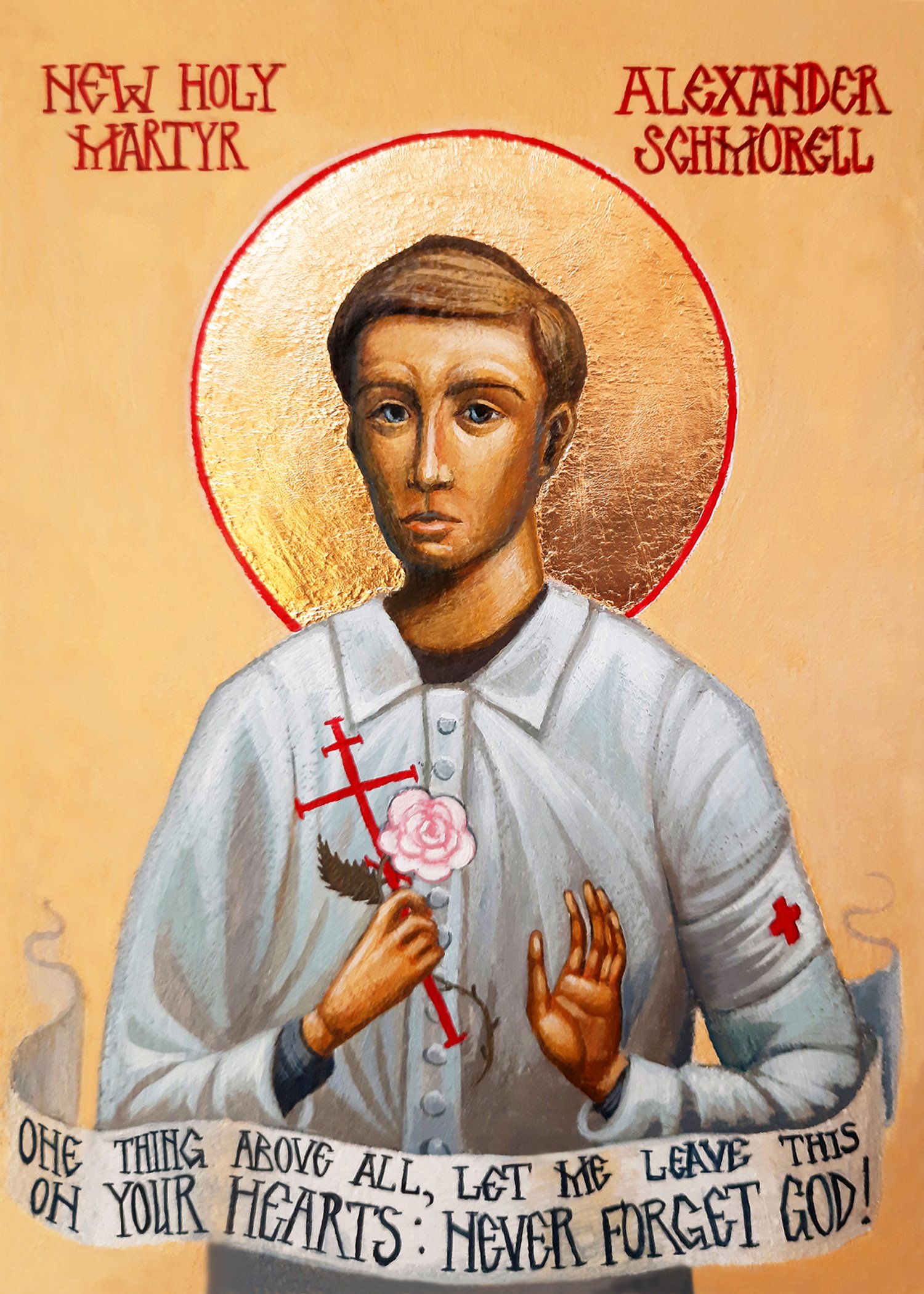 Saint Alexander Schmorell of Munich.
4 x 6 x 0.75 inches (10 x 15 x 2cm), acrylic paint on wood panel, 2020. Sold.
