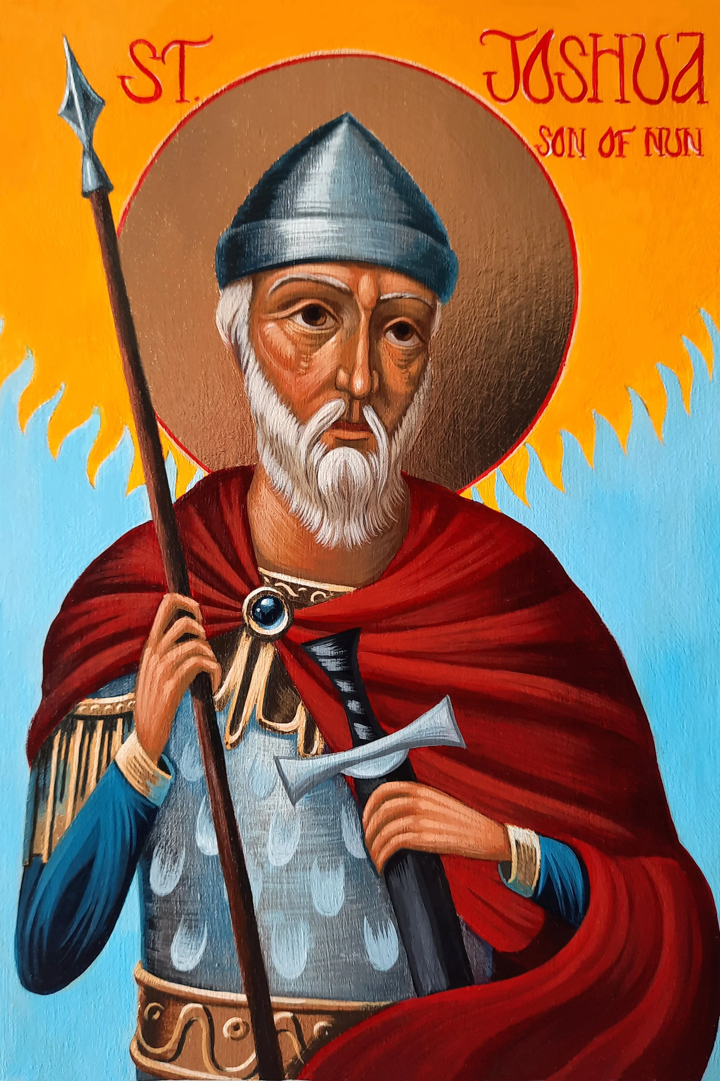 Saint Joshua the Son of Nun.
5.5 x 8 x 0.75 inches (14 x 20 x 2cm), acrylic paint and golden metal leaf on wood panel, 2022. Privately commissioned icon. 