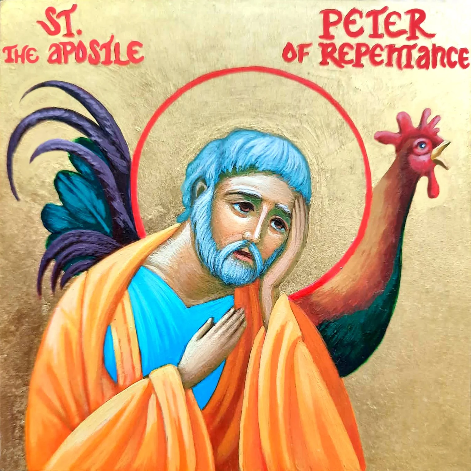 St. Peter the Apostle of Repentance and the Rooster that Crowed Three Times.
3.5 x 3.5 x 0.1 inches (8.89 x 8.89 x .25cm), acrylic paint and 23 carat gold leaf on a clay board, 2026. Available.
