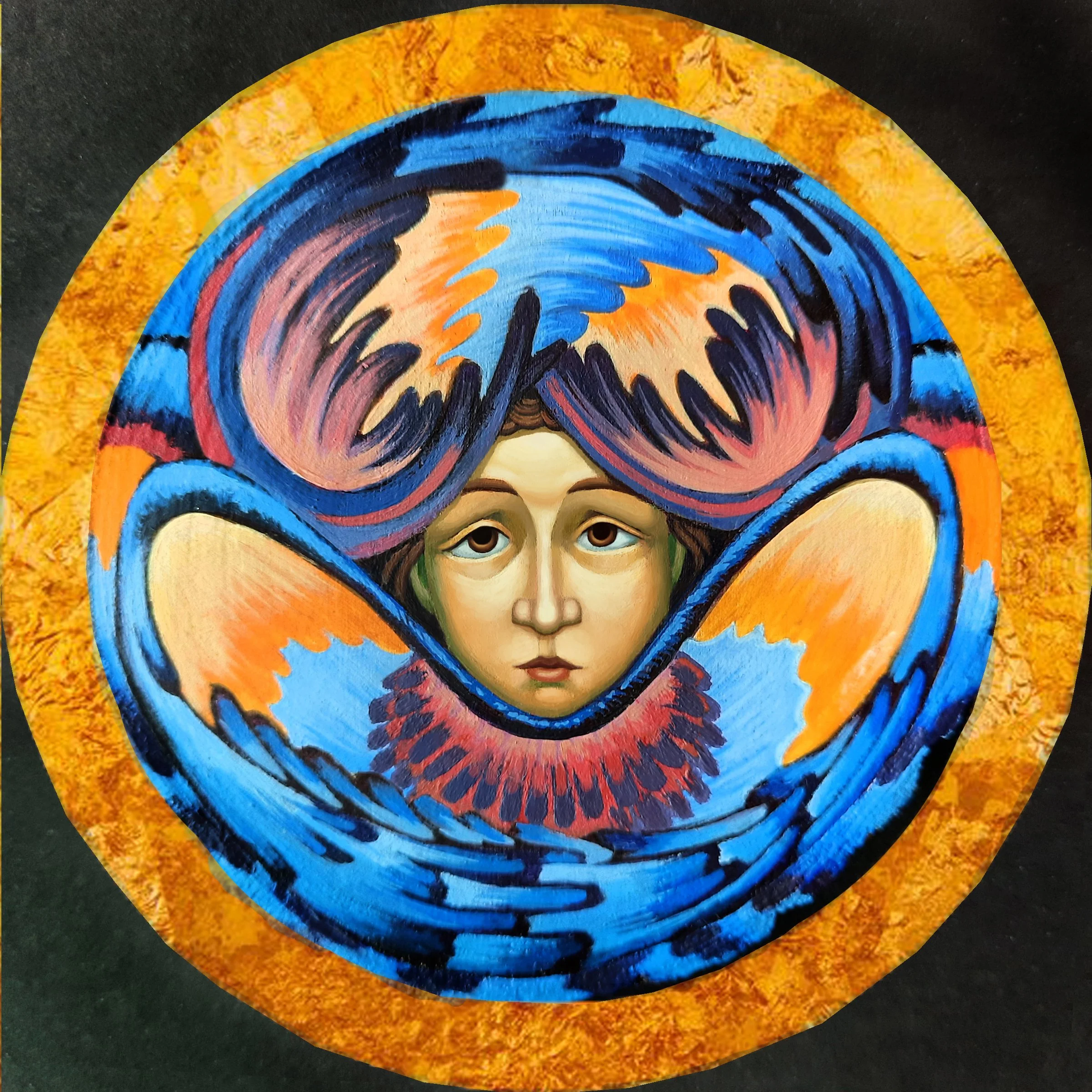 Seraph Angel.
3.5 inch diameter x 0.5 inch depth (9cm diameter x 1.3cm depth), acrylic paint on a wood disc, 2023. Sold. 