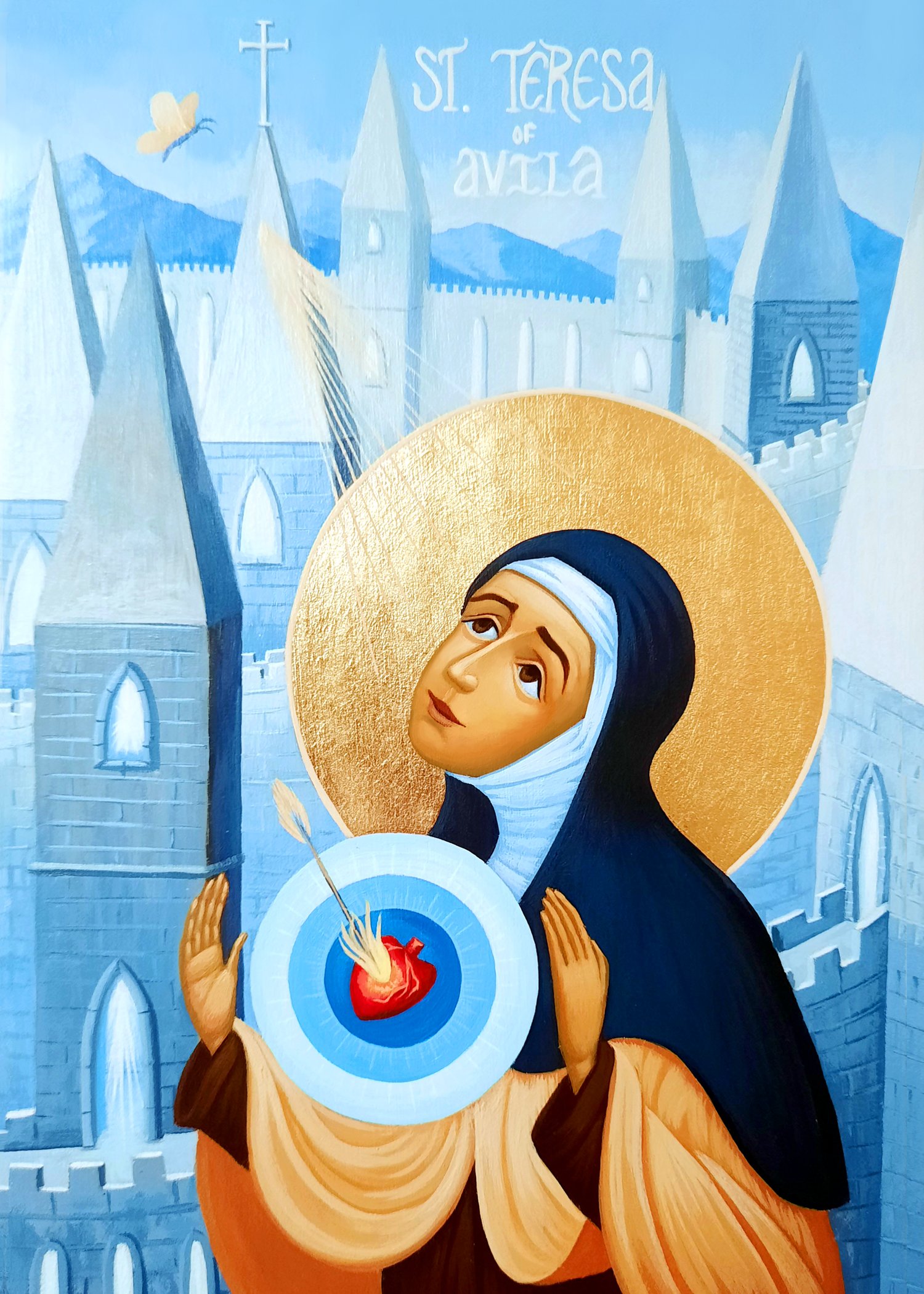 St. Teresa of Avila and the Interior Castle.
5.5 x 8 x 0.75 inches, acrylic paint and 23 carat gold leaf on a wooden panel, 2025. Privately commissioned icon.
