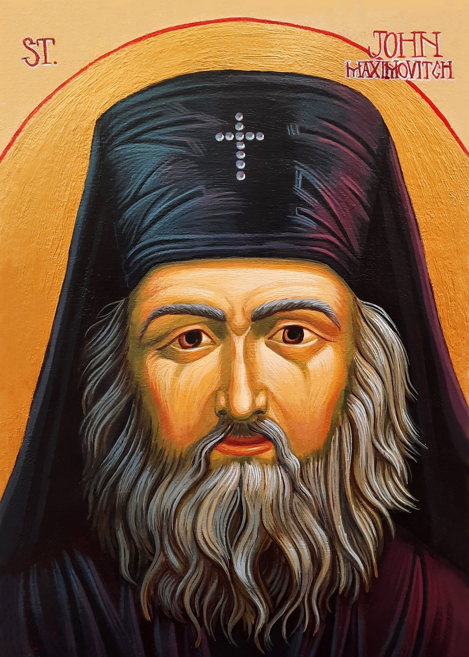 Saint John Maximovitch of Shanghai and San Francisco.
5.5 x 8 x 0.75 inches (14 x 20 x 2cm), acrylic paint and golden metal leaf on wood panel, 2021. Privately commissioned icon.
