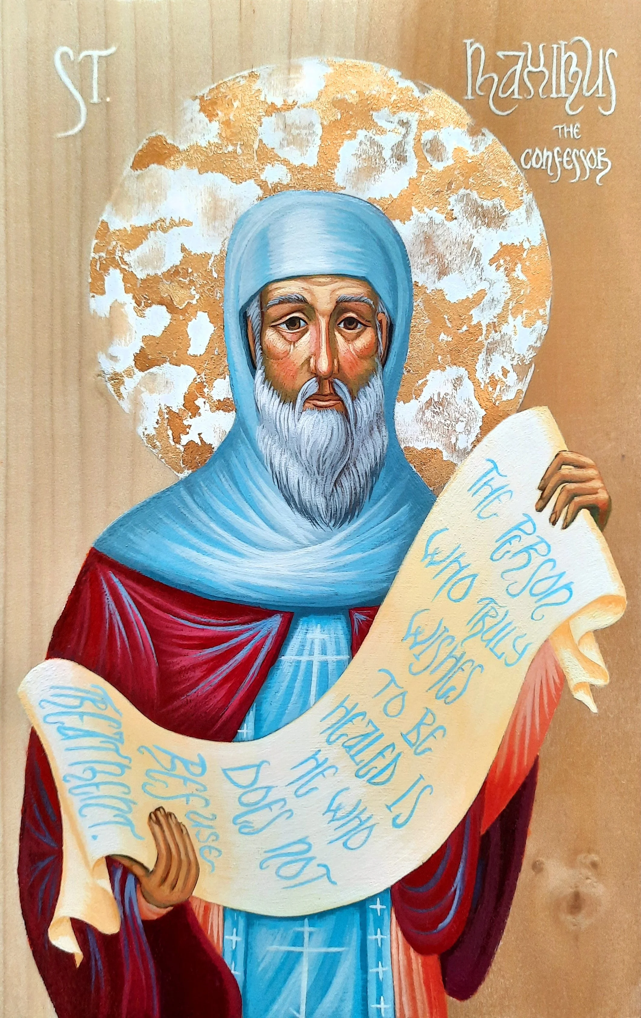 Saint Maximus the Confessor.
8.5 x 5.5 x 0.75 inches (14 x 21.5 x 2cm), acrylic paint and golden metal leaf on wood panel, 2022. Privately commissioned icon.