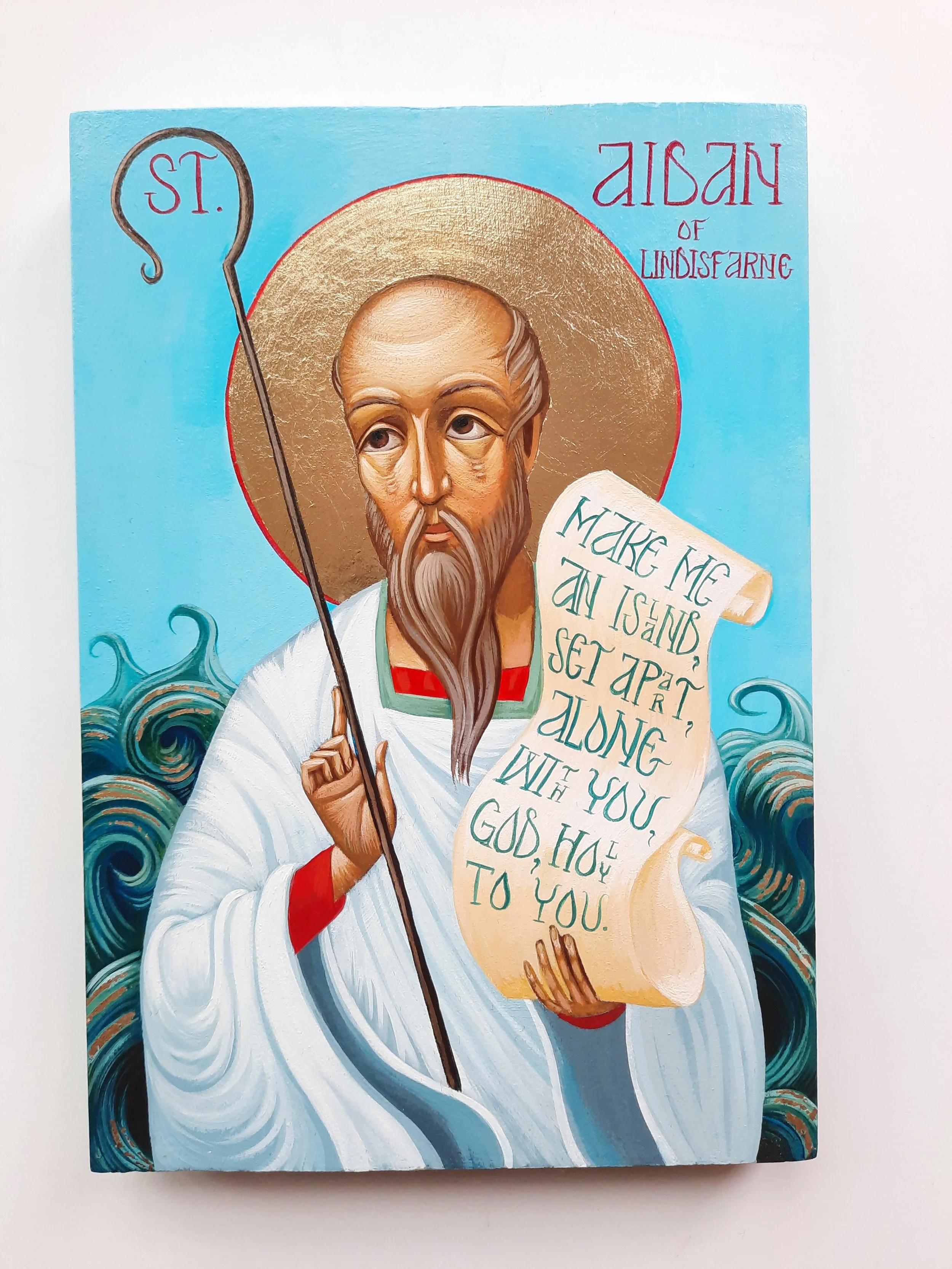 Saint Aidan of Lindisfarne
5.5 x 8 x 0.75 inches (14 x 20 x 2cm), acrylic paint and golden metal leaf on wood panel, 2022. Privately commissioned icon. 