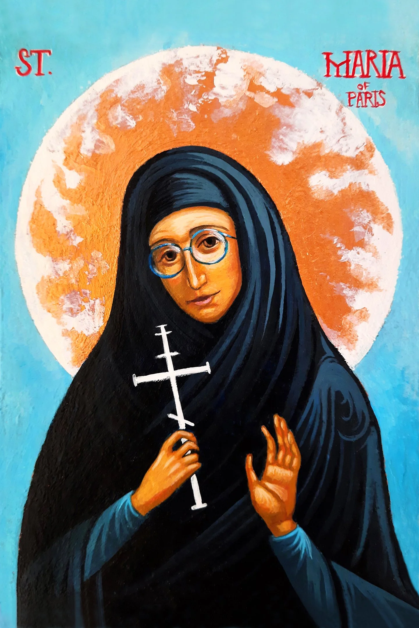 Saint Maria Skobtsova of Paris.
4 x 6 x 0.75 inches (10 x 15 x 2cm), acrylic paint on wood panel, 2020. Sold.