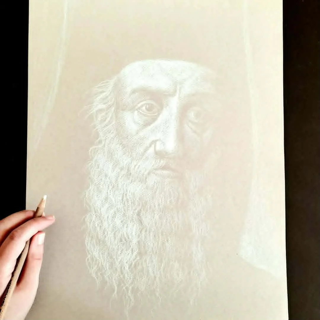 St. Nektarios of Aegina Portrait. 2 x 16 inches, white charcoal on pastel paper, 2023. Sold.
