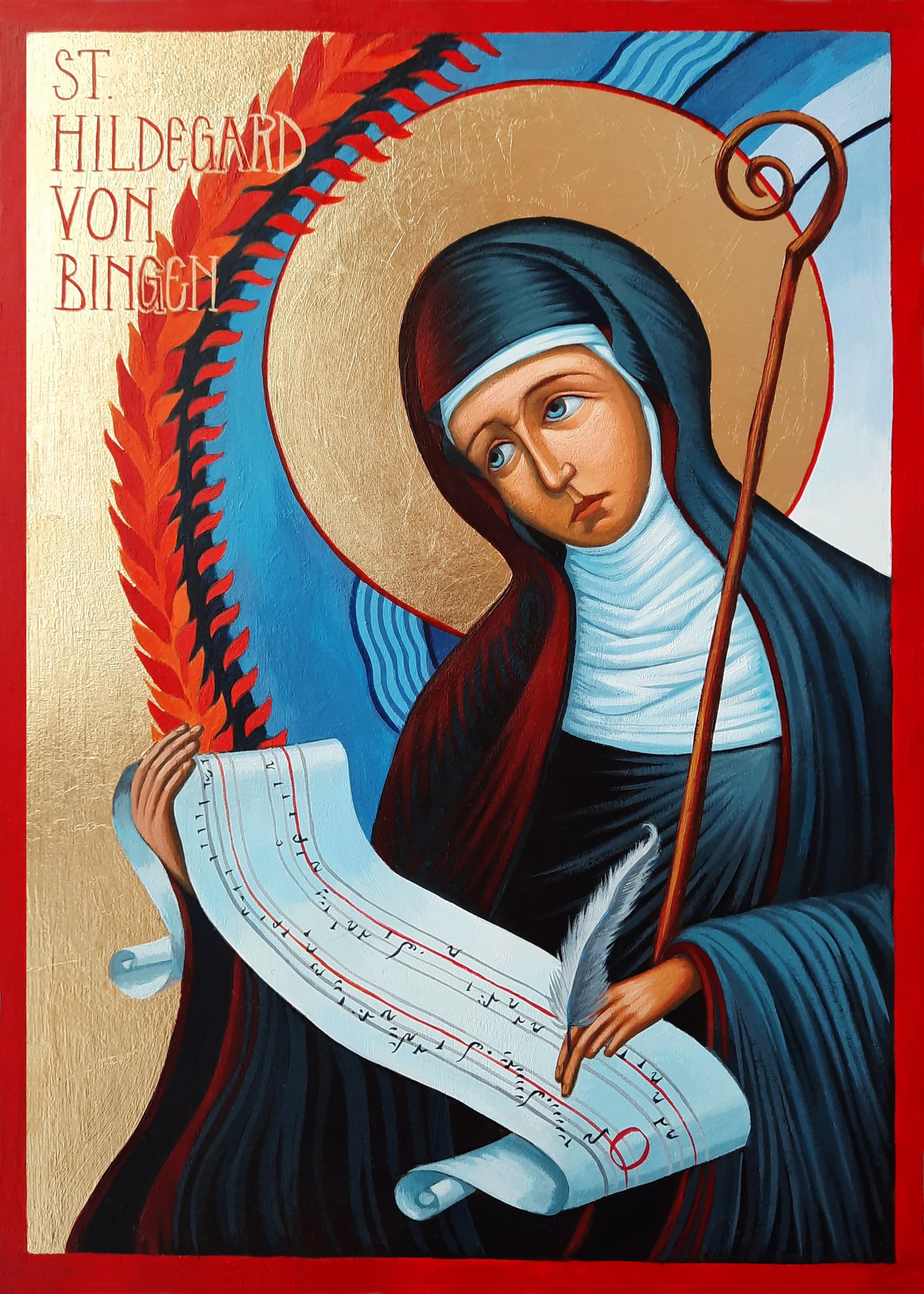 Saint Hildegard of Bingen.
8.25 x 11.25 x 0.75 inches (21 x 28.5 x 2cm), acrylic paint and golden metal leaf on wood panel, 2022. Privately commissioned icon.