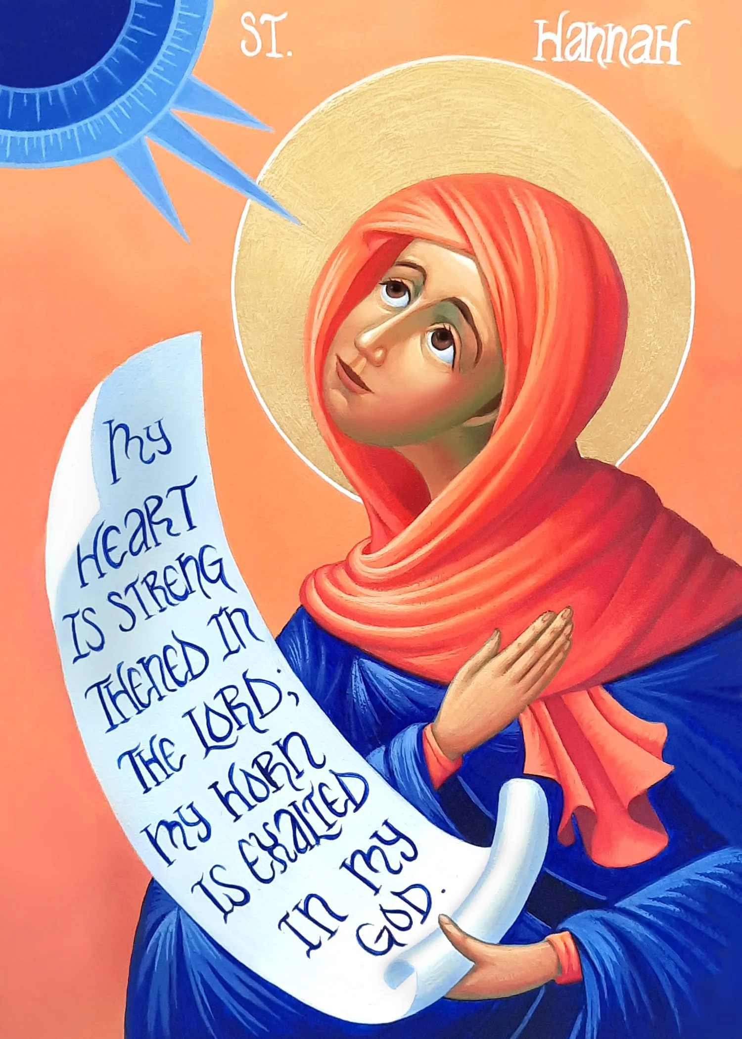 St. Hannah the Prophetess.
5.5 x 8 x 0.75 inches (14 x 20 x 2cm), acrylic paint and 23 carat gold leaf on wood panel, 2024. Privately commissioned icon.
