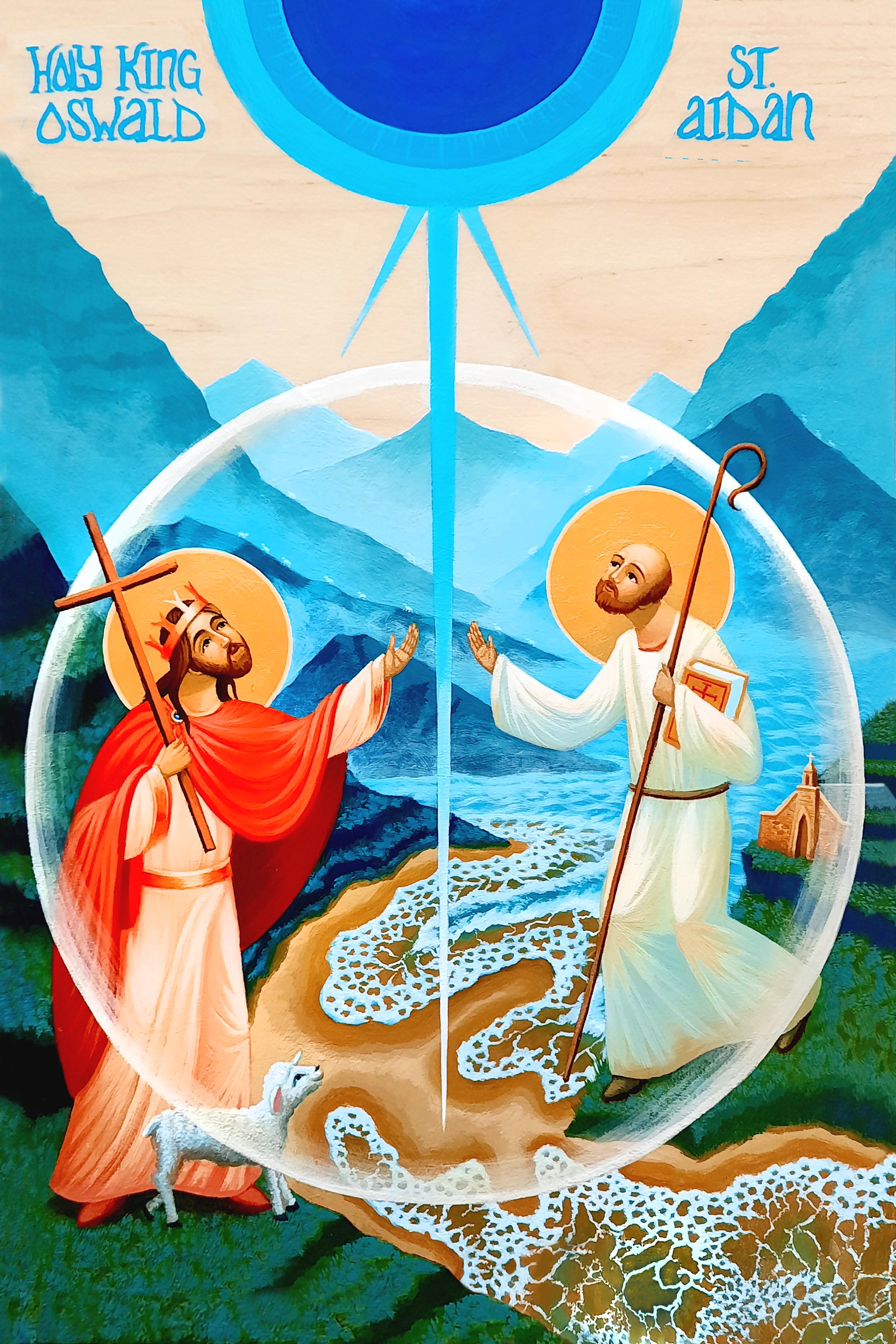 St. Aidan of Lindisfarne and Holy King Oswald of the Causeway.
8.5 x 11.25 x 0.75 inches, acrylic paint and 23 carat gold leaf on wooden panel, 2026. Privately commissioned icon.
